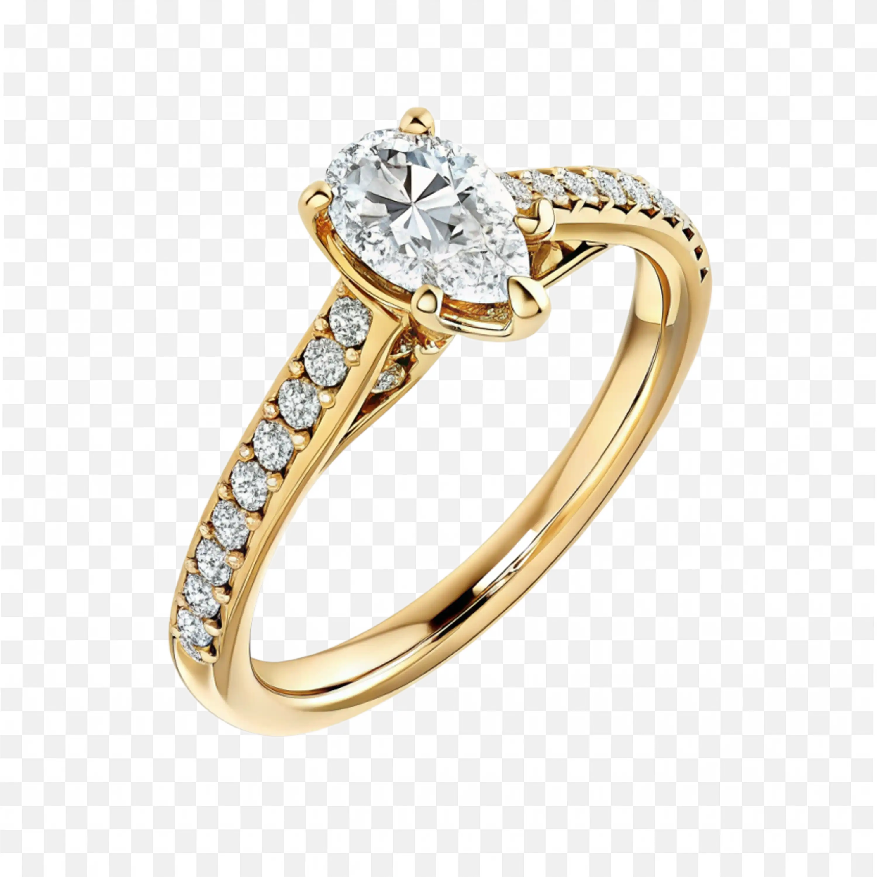 Gold Engagement Ring with Pear Diamond and Side Stones Png