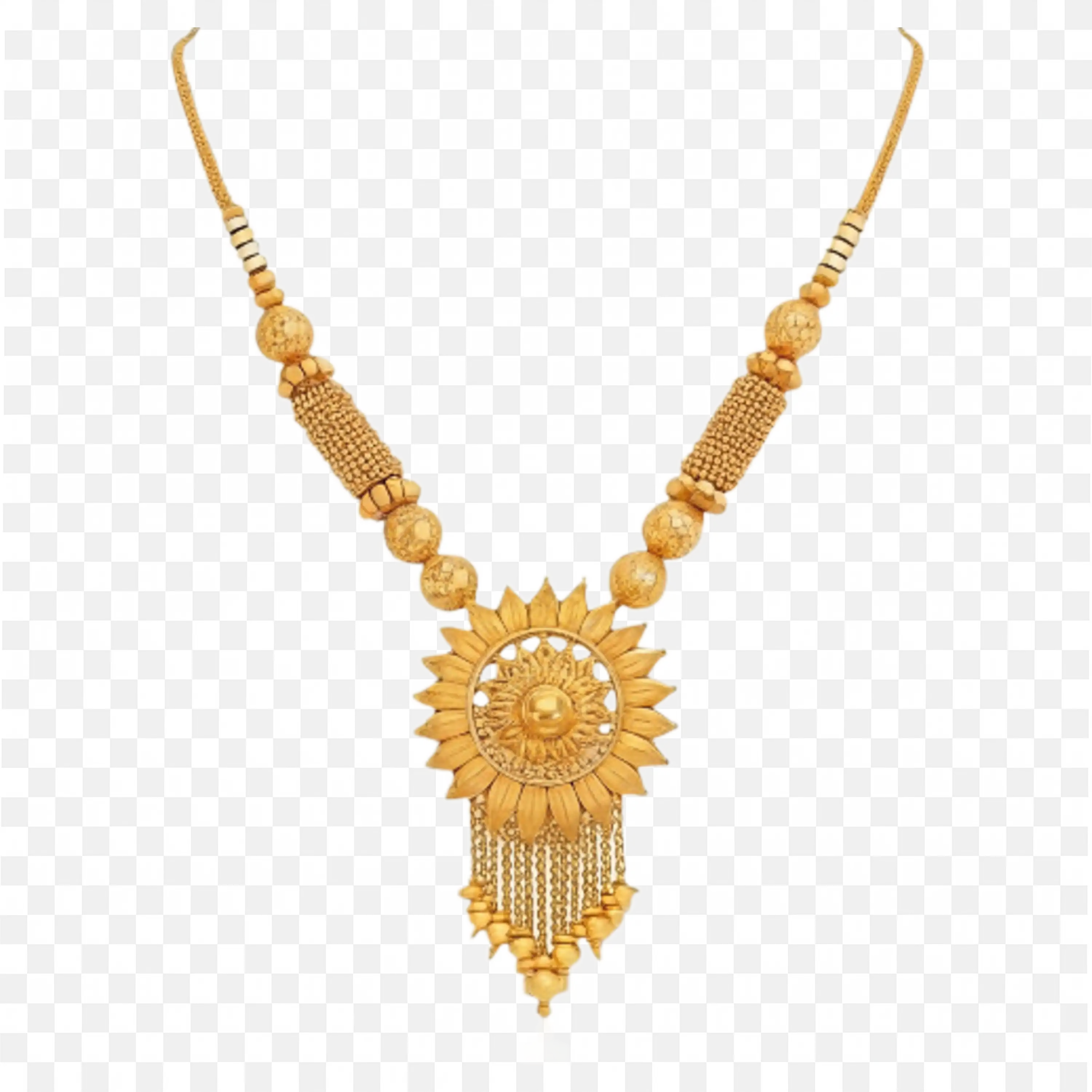 Gold Necklace with Floral Pendant and Hanging Chains Png