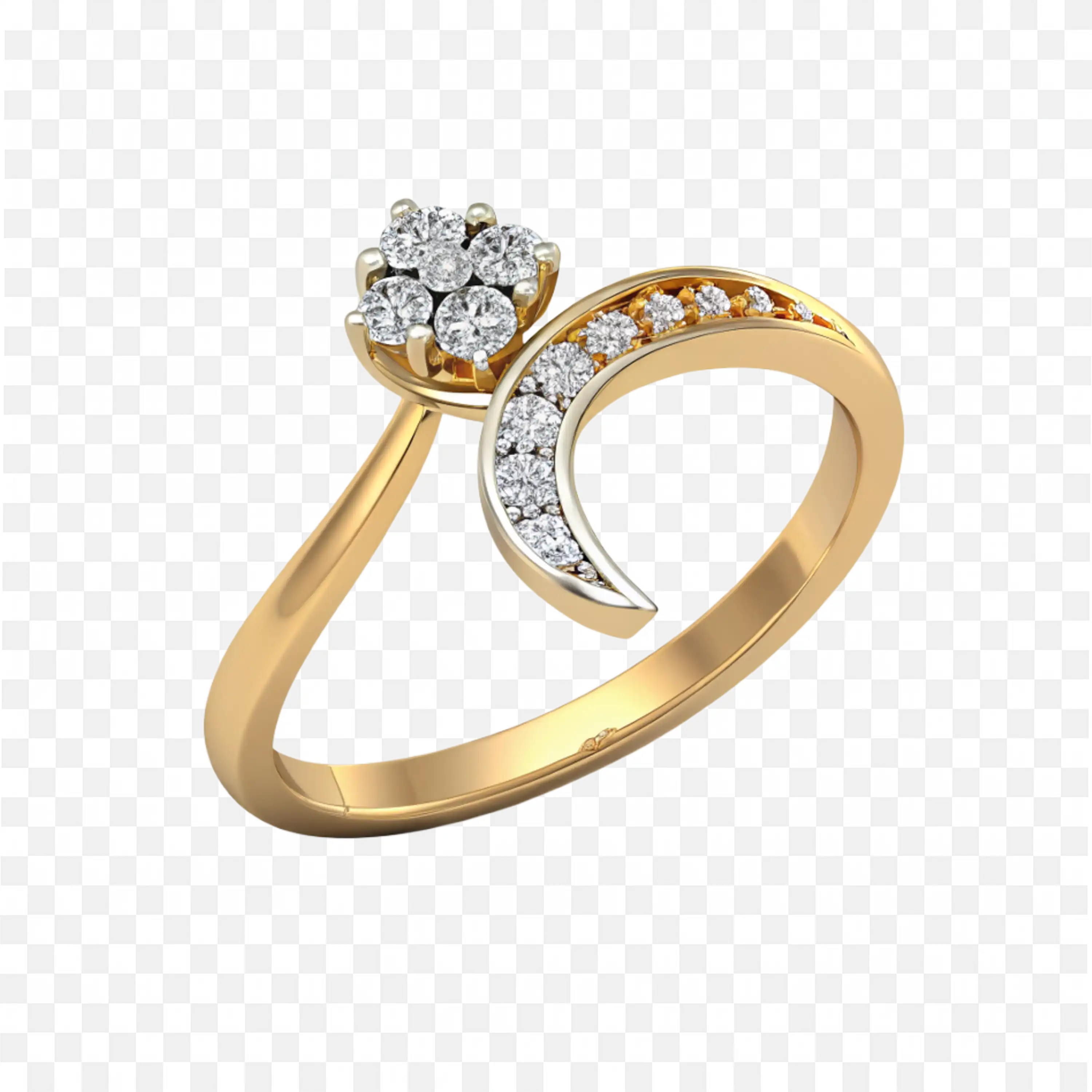 Gold Ring with Curved Band and Diamond Cluster Png Free