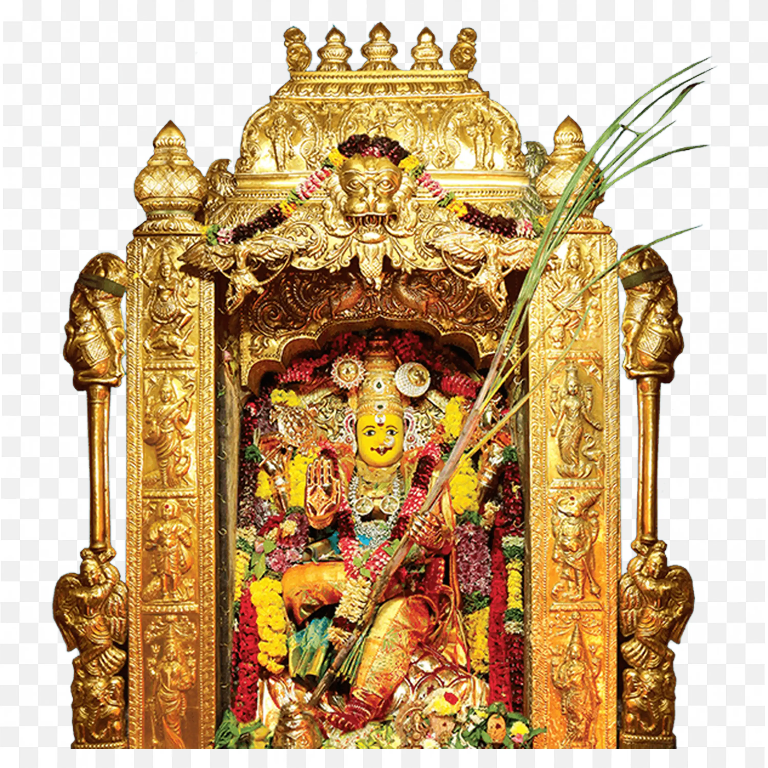 Golden Hindu Goddess Durga Decorated with Flowers Png