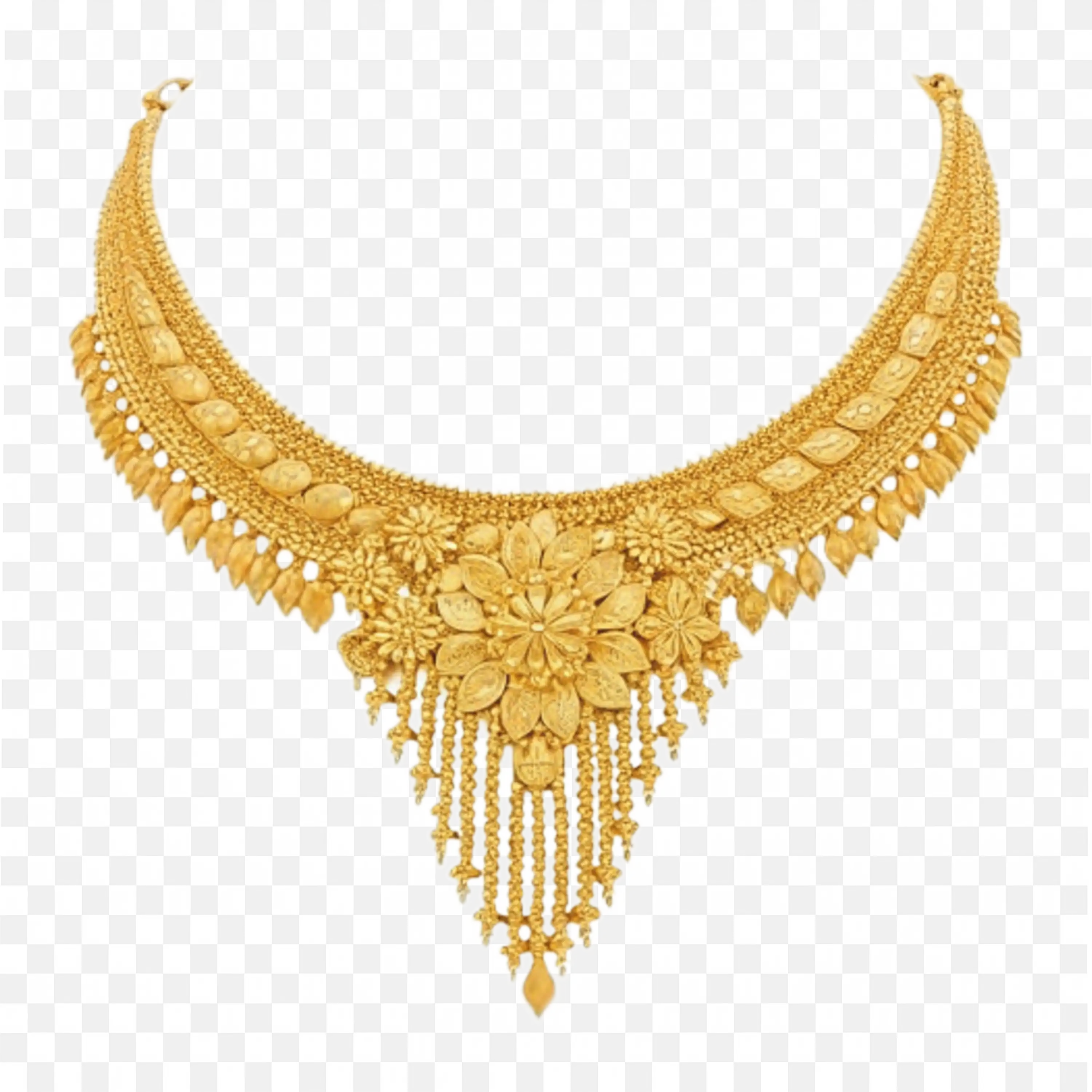 Grand Design Gold Necklace with Hanging Floral Patterns Png