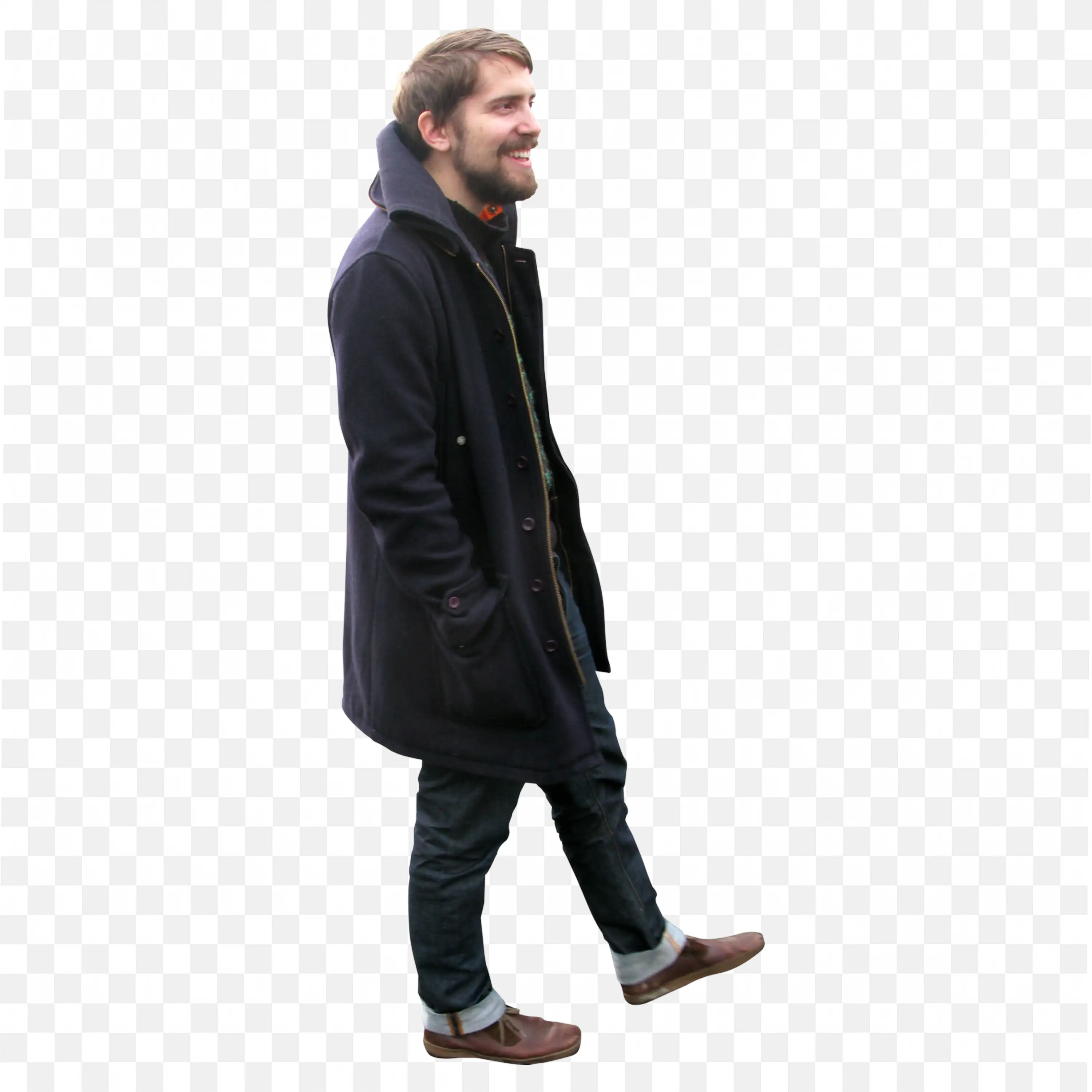 Happy Man Walking in Long Winter Coat and Boots Free Png