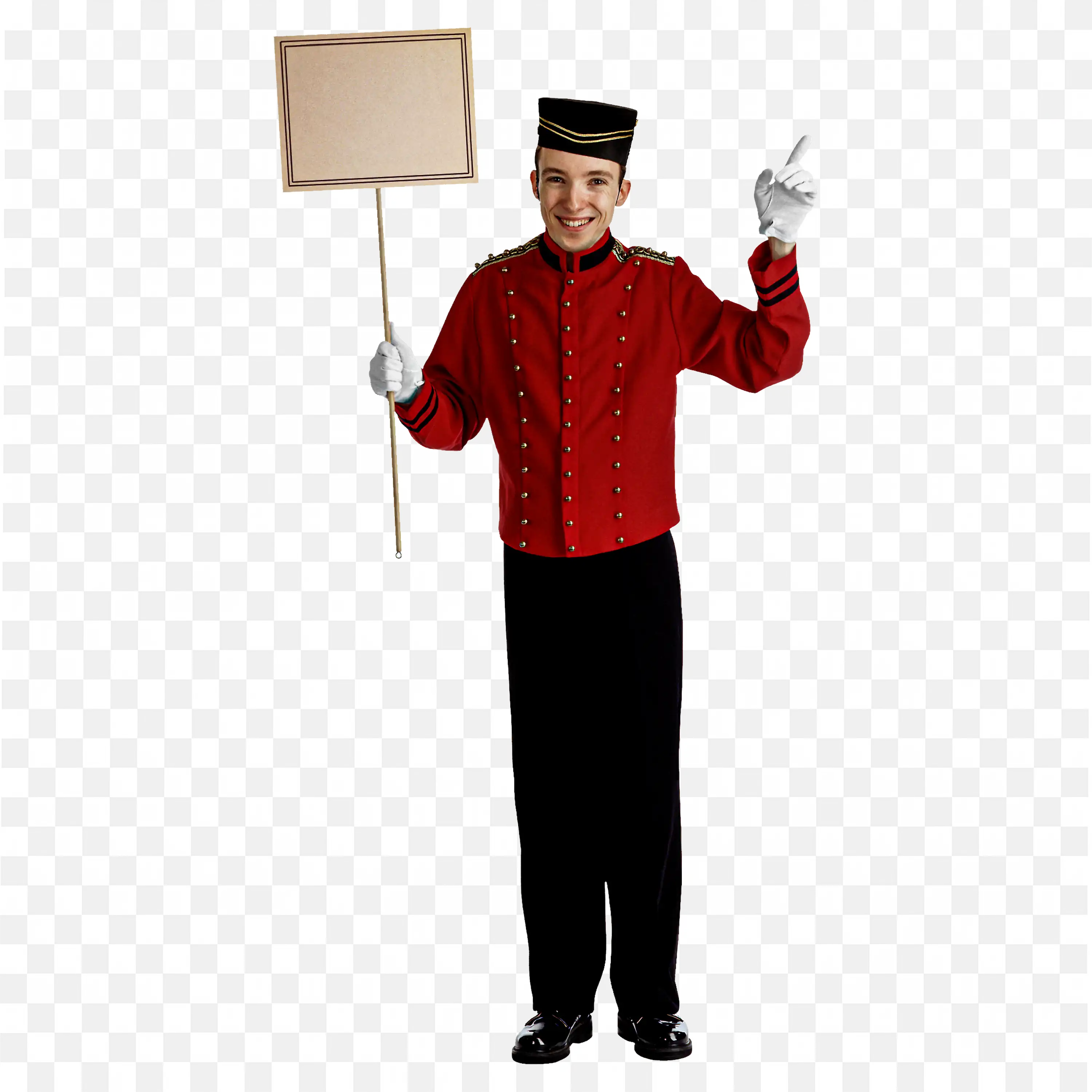 Hotel Bellboy in Uniform Holding Blank Board Free Png Image