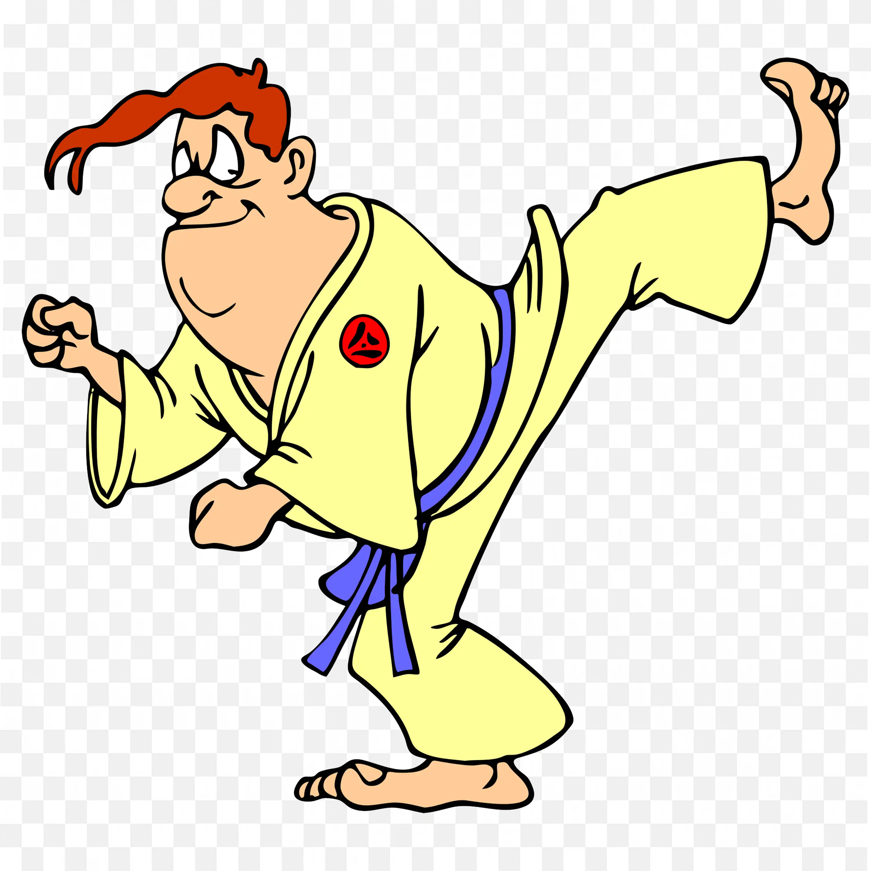 Karate Master Throwing a High Kick in Yellow Uniform Png