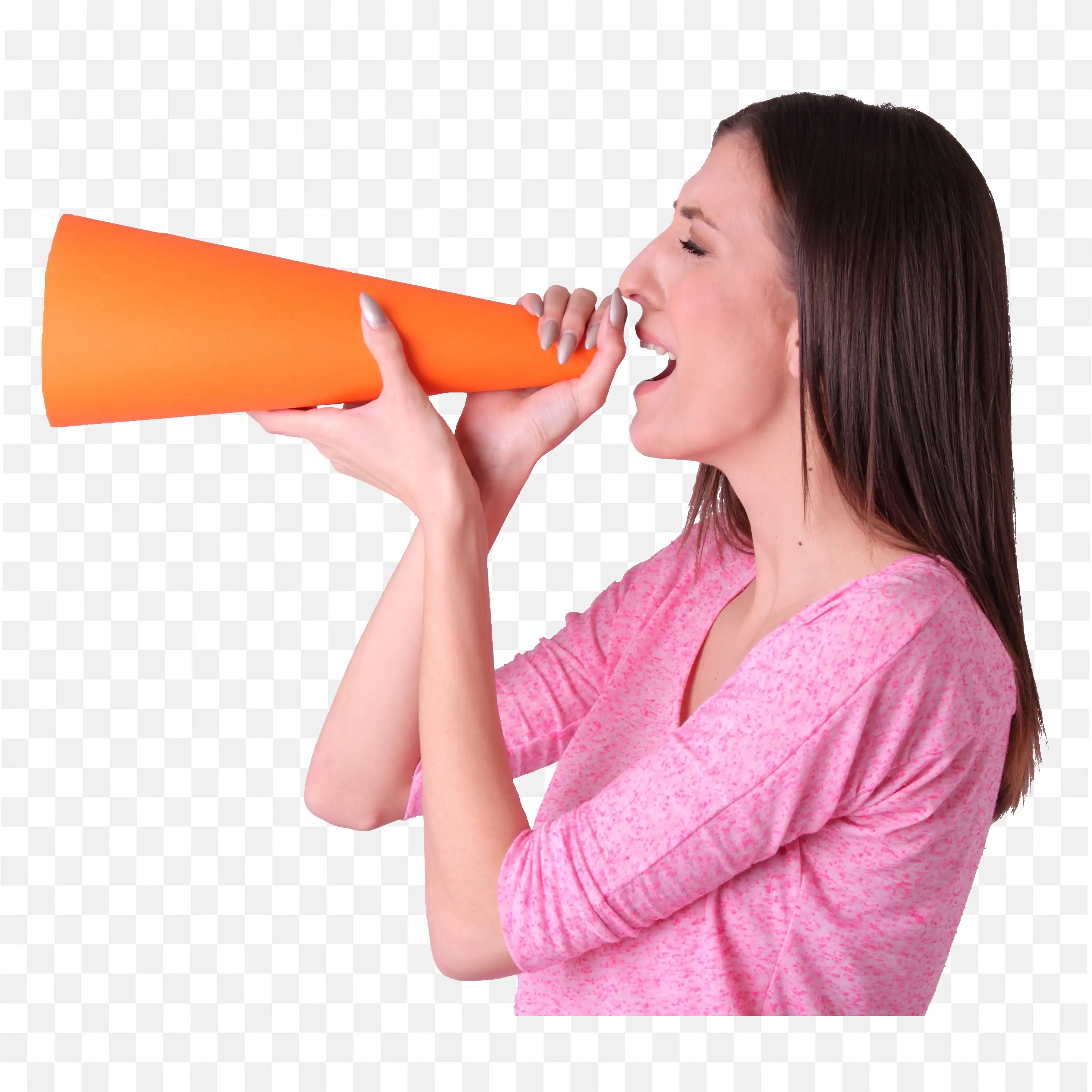 Lady in Pink Top Shouting Loudly Through Megaphone Image