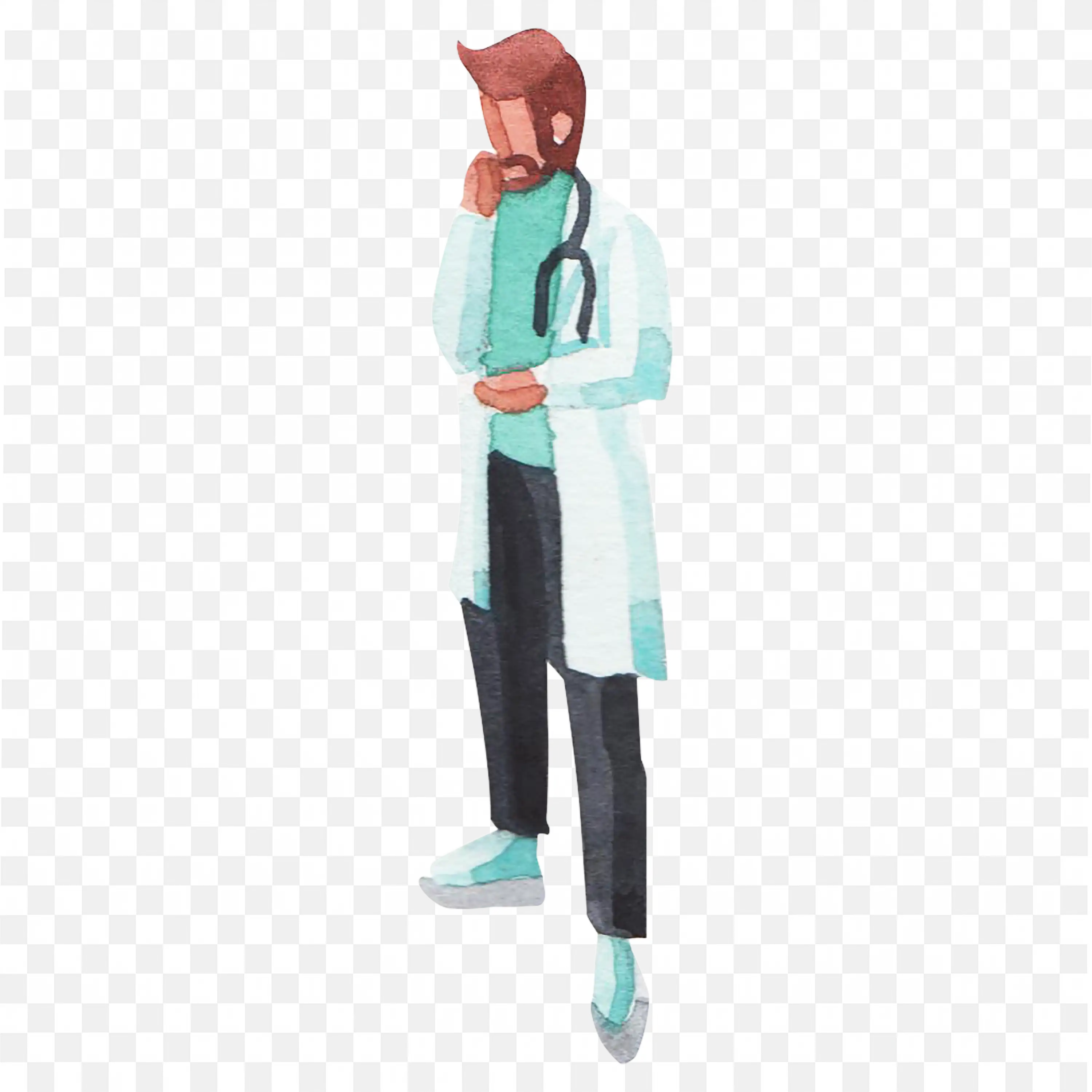 Male Doctor Standing with Stethoscope and Thinking Png Image