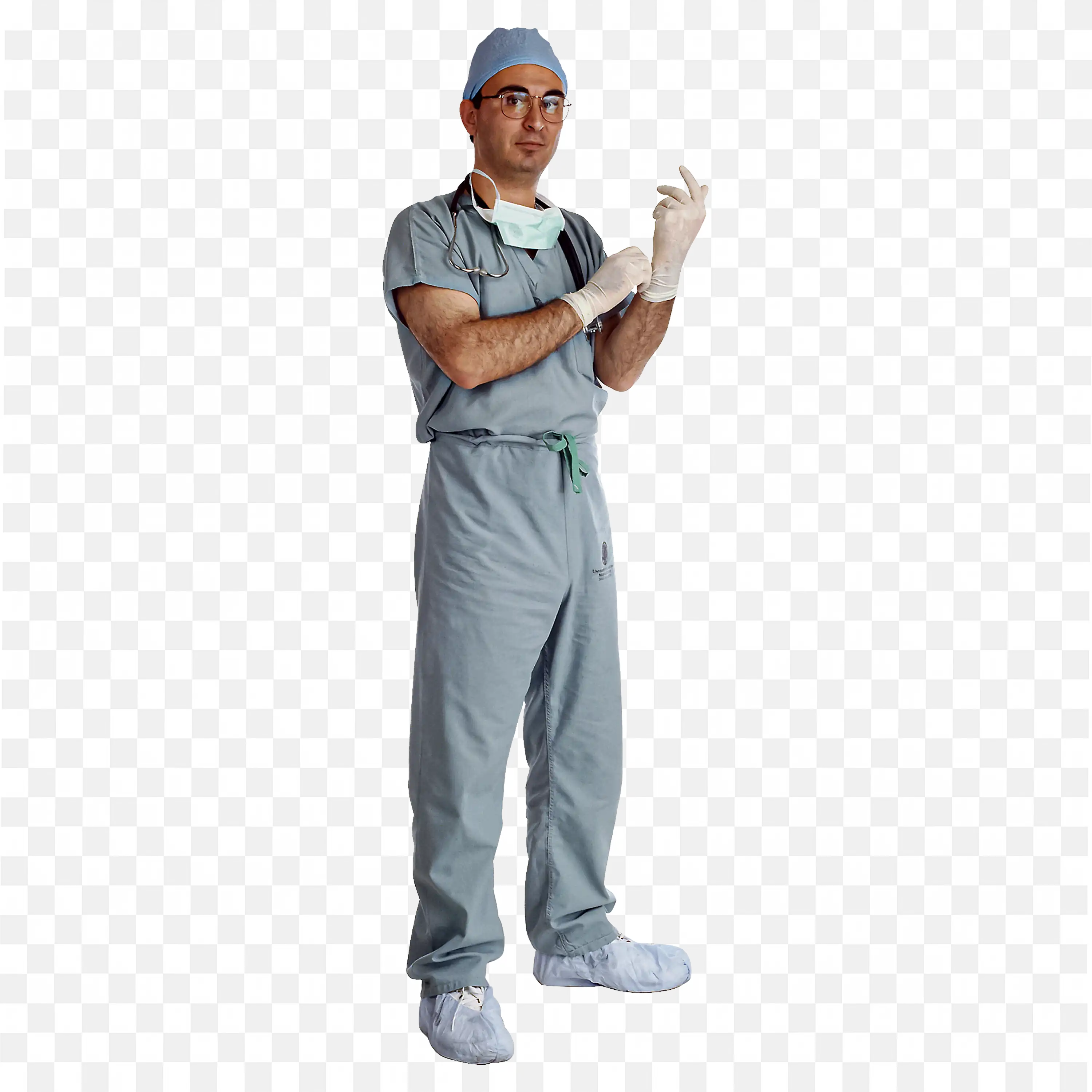 Male Doctor in Surgical Uniform Standing with Arms Folded