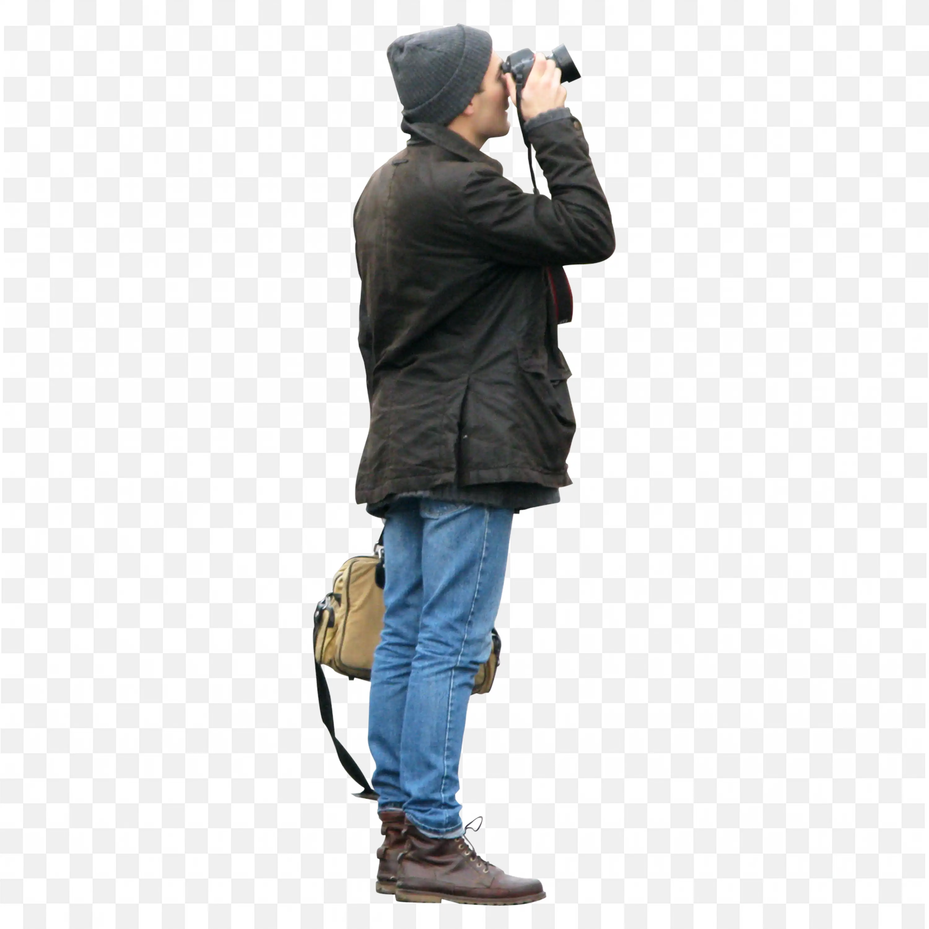 Man with Black Jacket and Shoes Observing with Binoculars Png