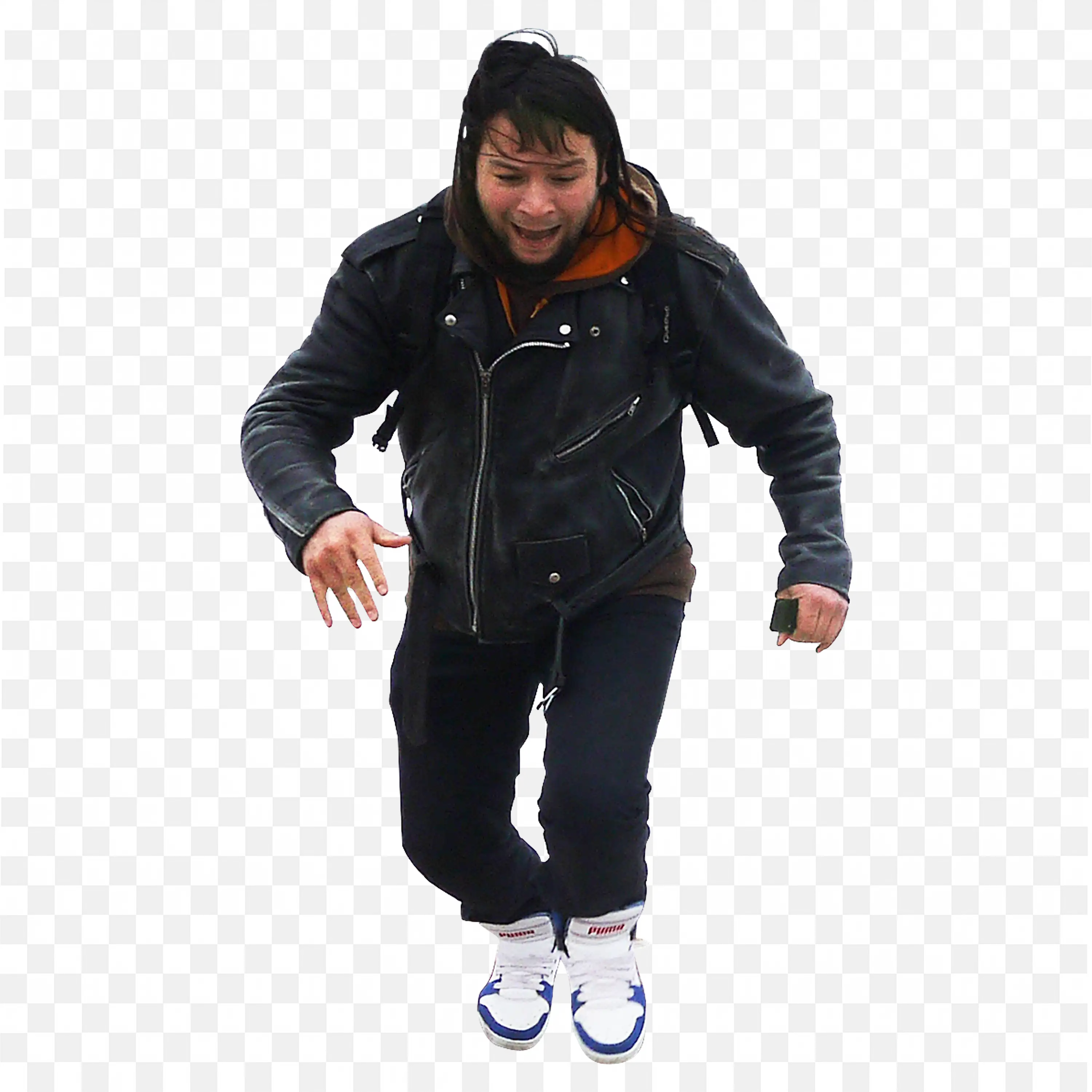 Man in Black Leather Jacket Running in Winter Outfit Free Png