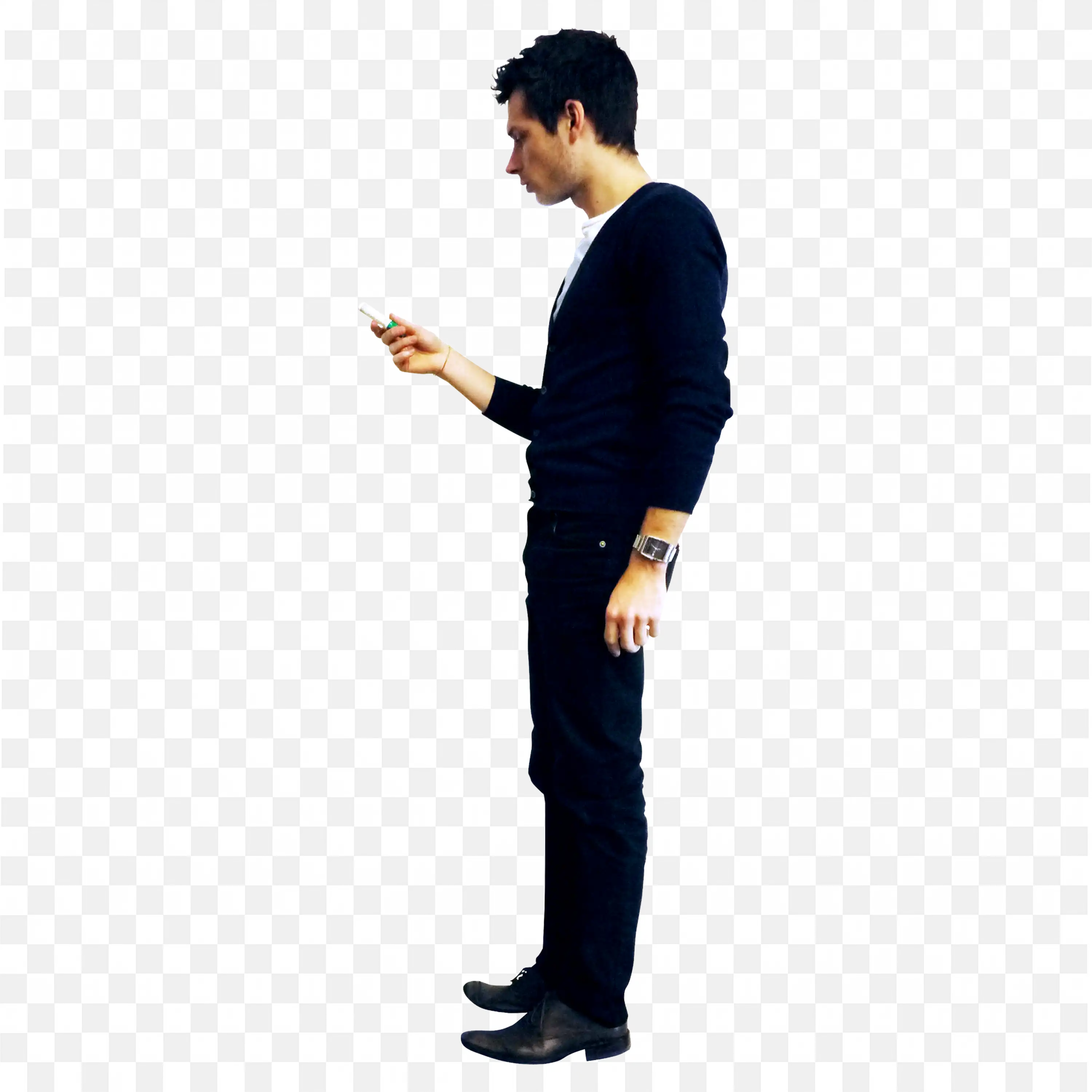 Man in Black Outfit Checking Phone While Walking Png Image