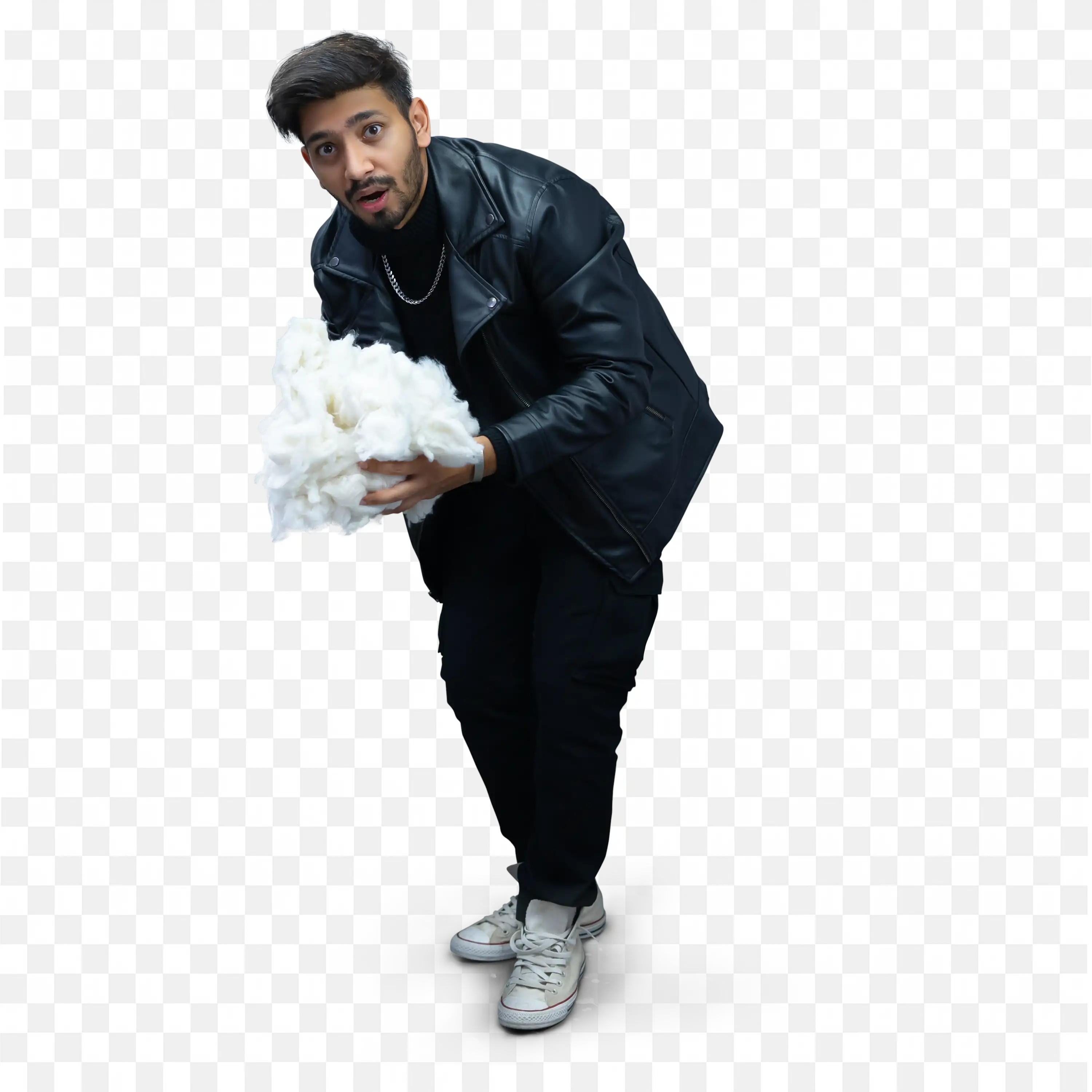 Man in Black Outfit and Sneakers Holding Cotton Png