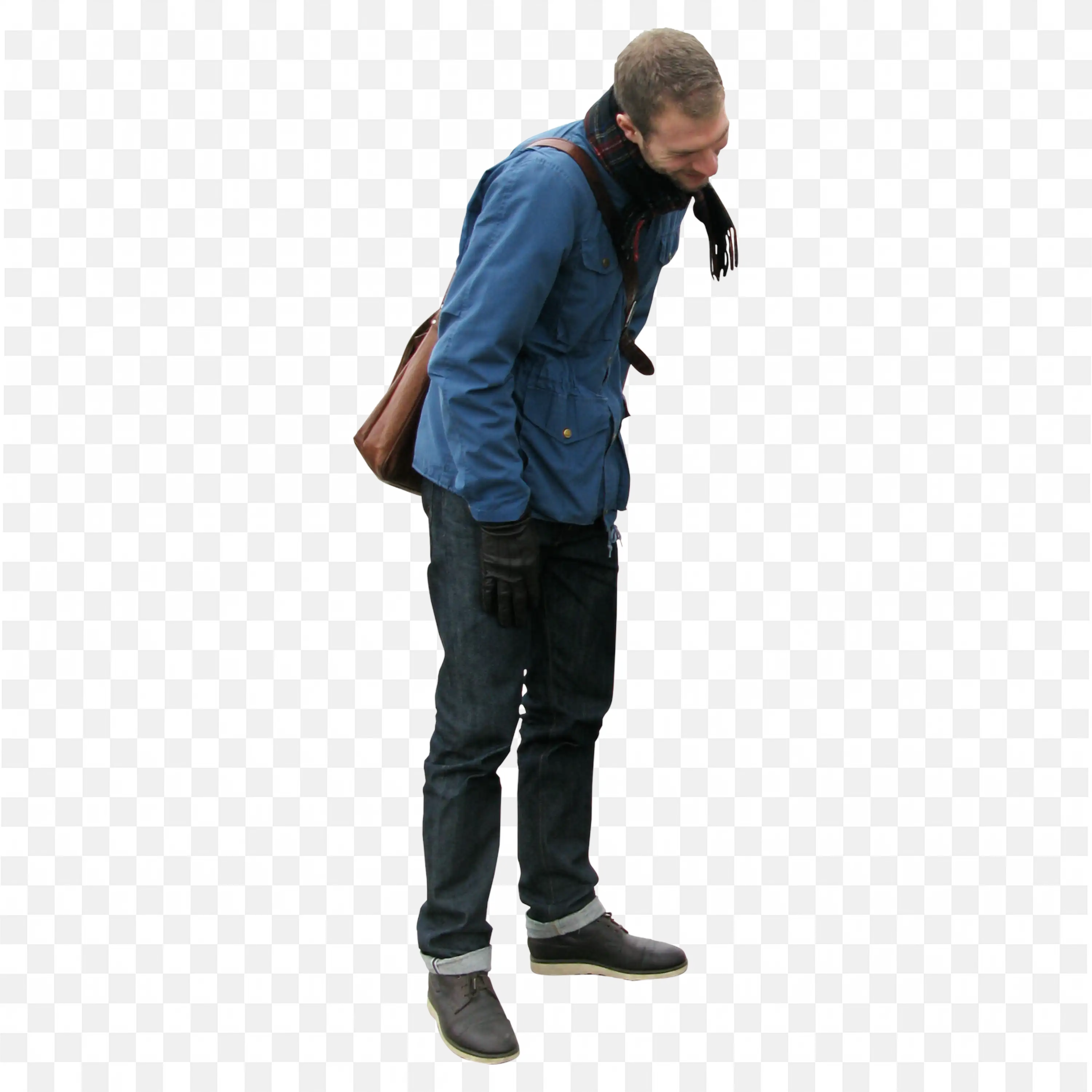 Man with Blue Jacket and Black Pants Looking Down in Smile