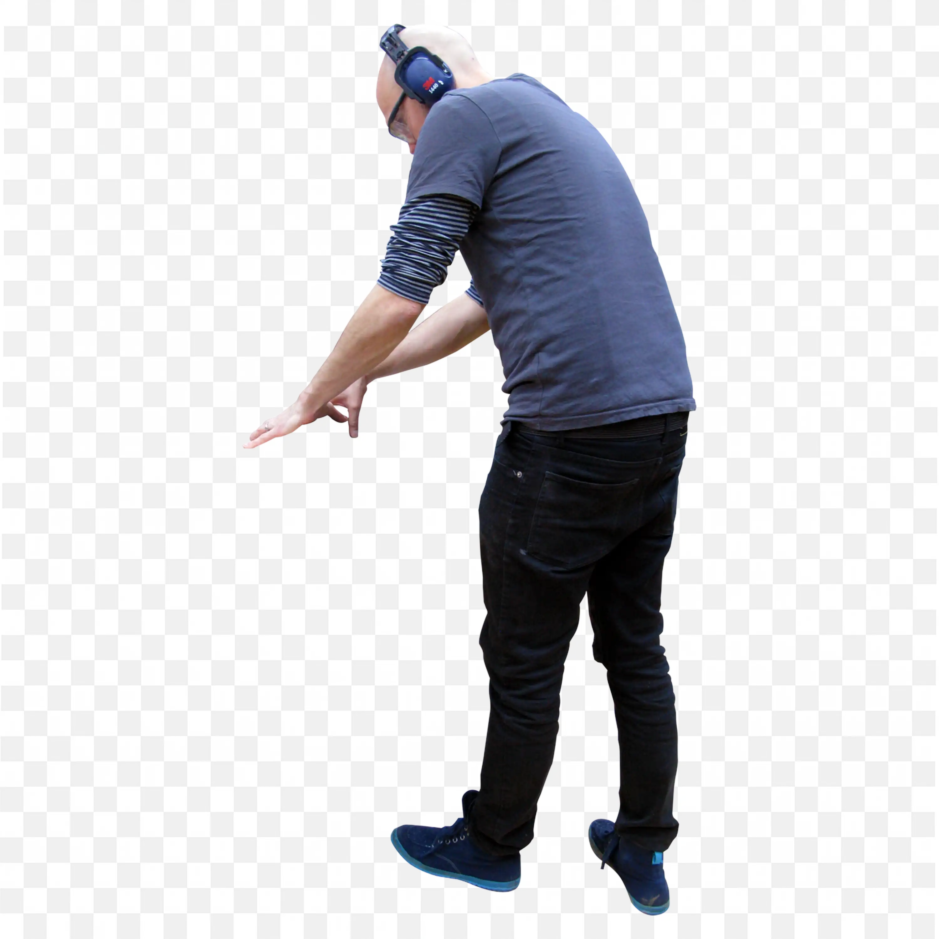 Png of a Man in Blue Shirt Gesturing While Walking Outside