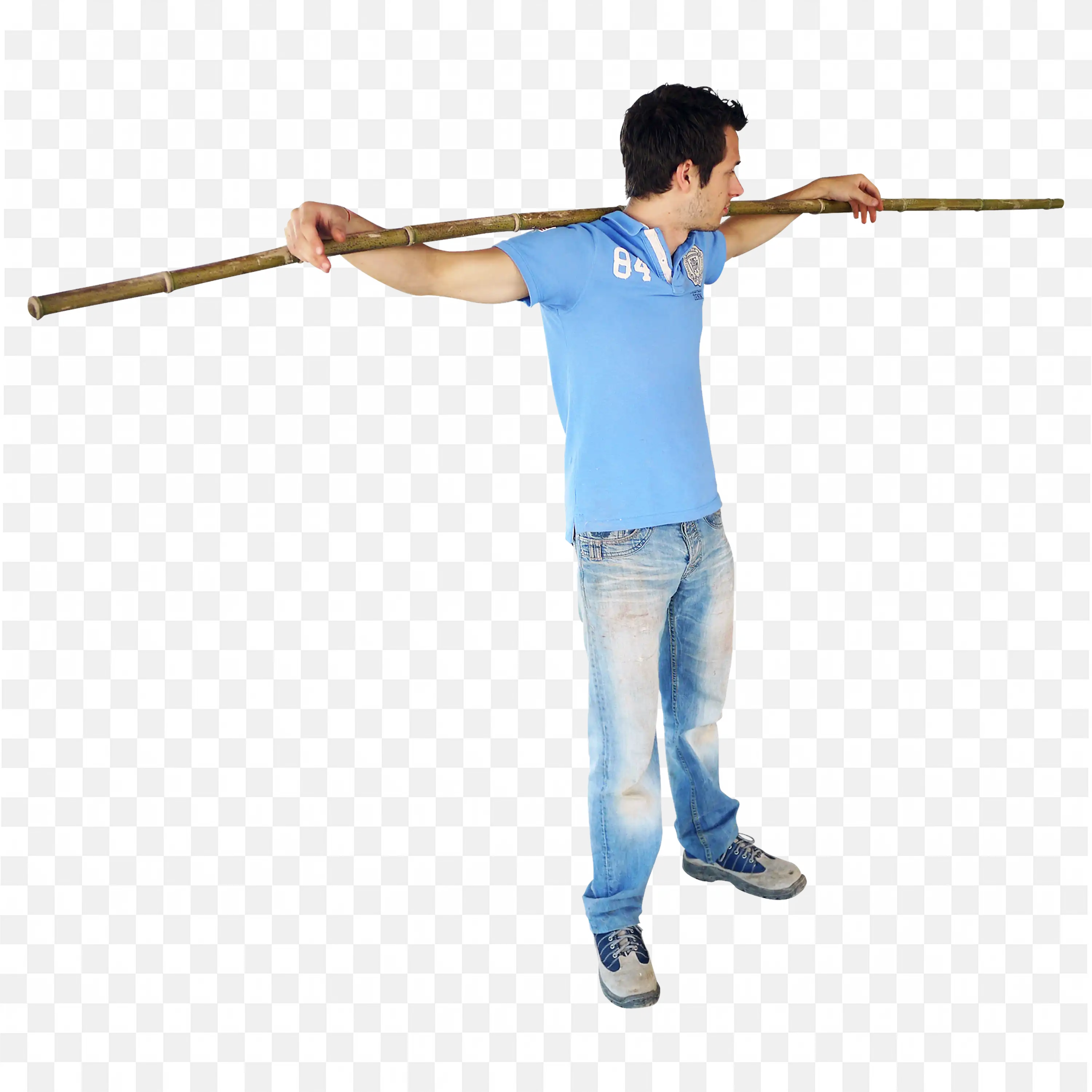 Man in Blue Shirt Holding Bamboo Stick Across Shoulders Png