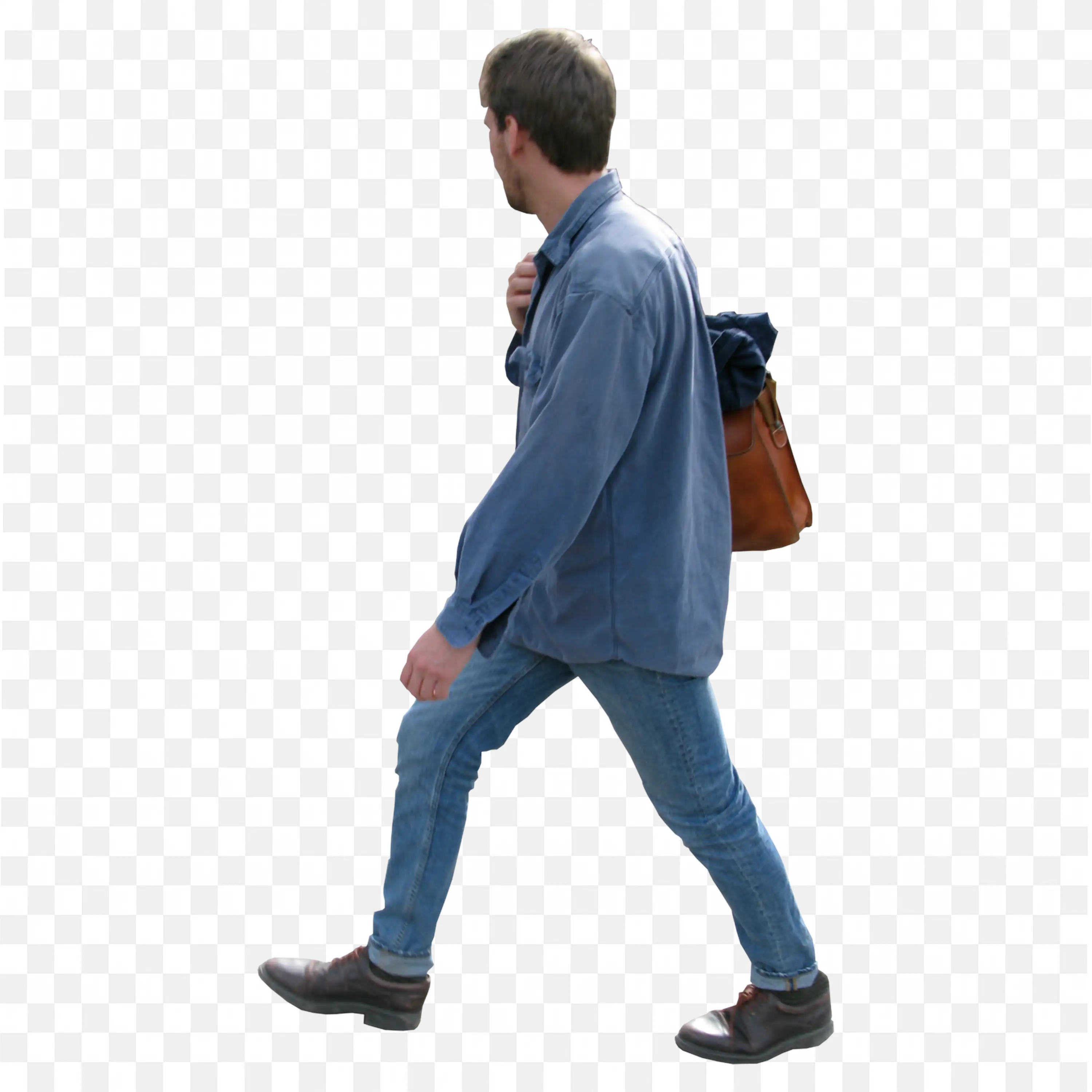 Man in Blue Shirt Walking with Leather Bag Free Png Image