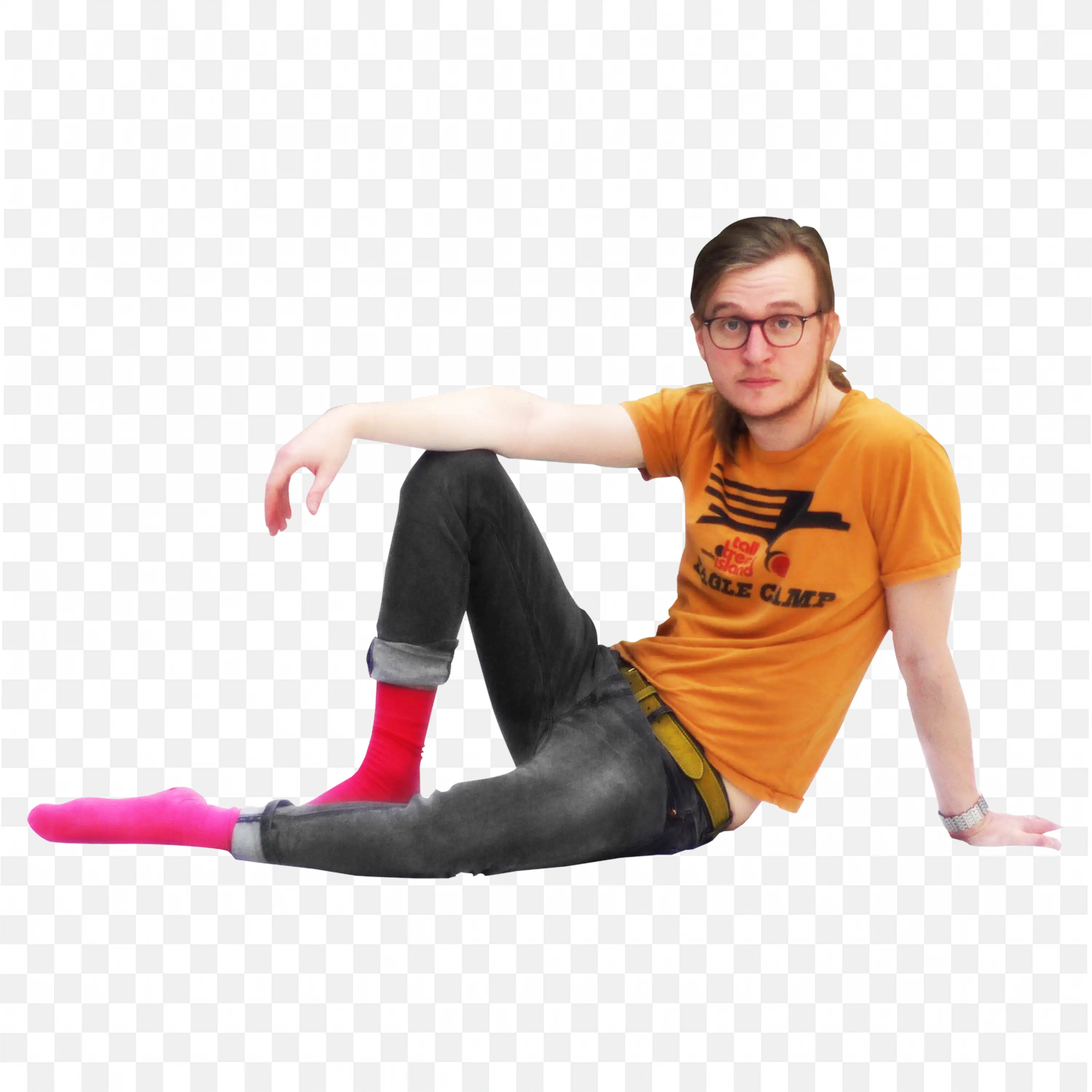Man in Bright Orange Shirt and Pink Socks Relaxing on Floor