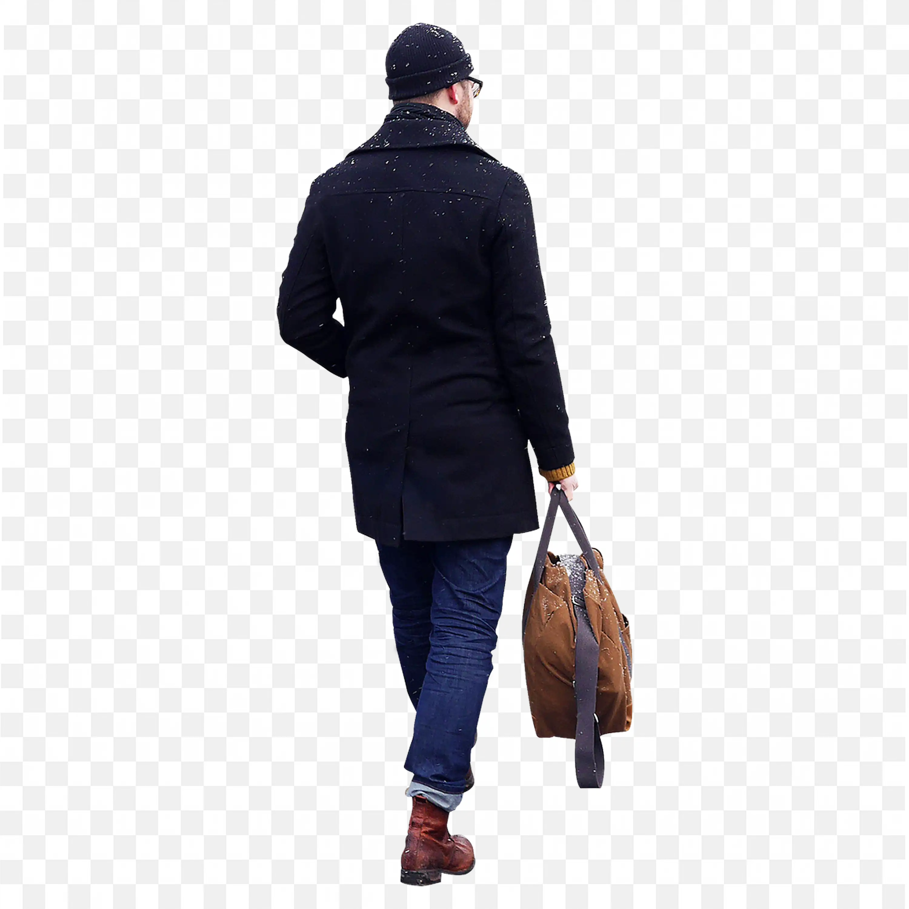 Man in Coat and Cap Walking in Snow with a Leather Bag
