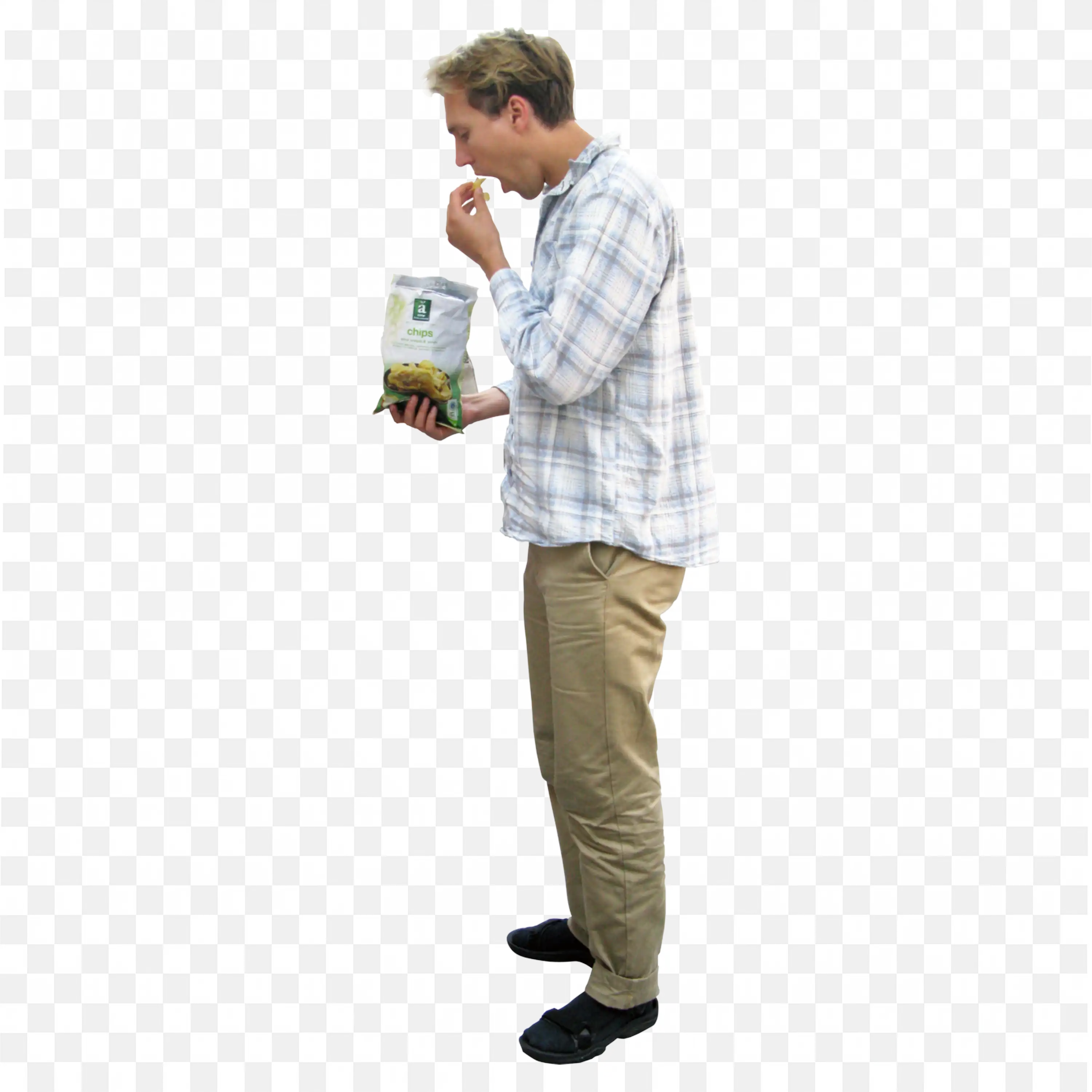 Man Eating Chips in Casual Shirt and Khaki Pants Free Png