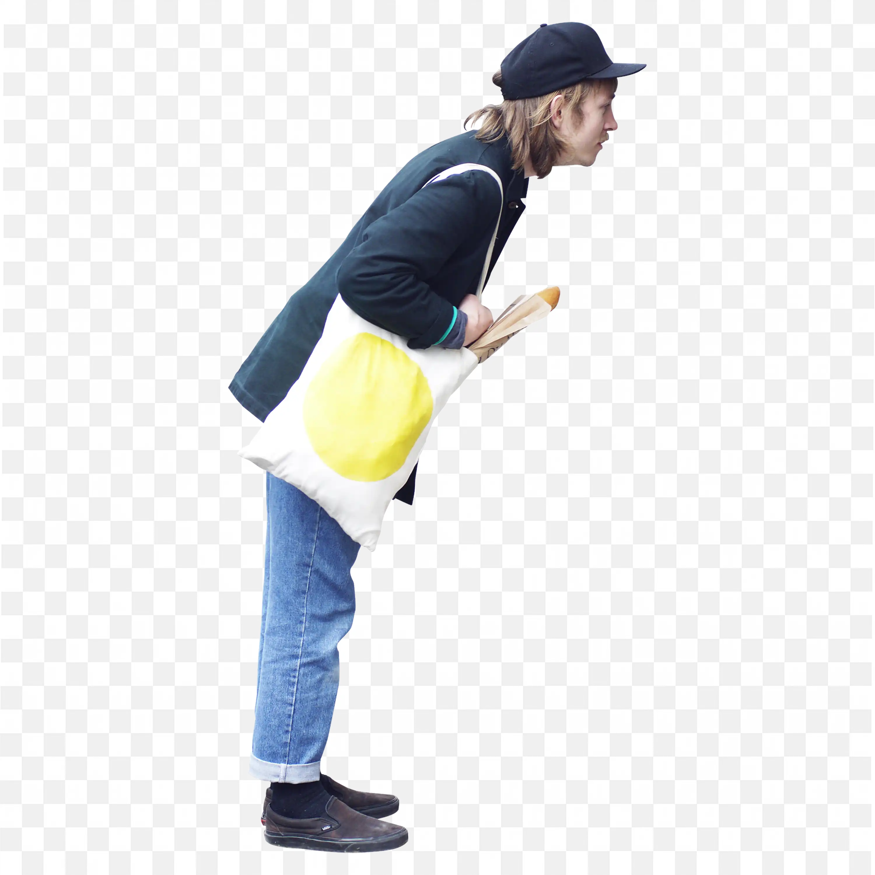 Man with Fabric Shopper and Hat Bending Down Png for Free