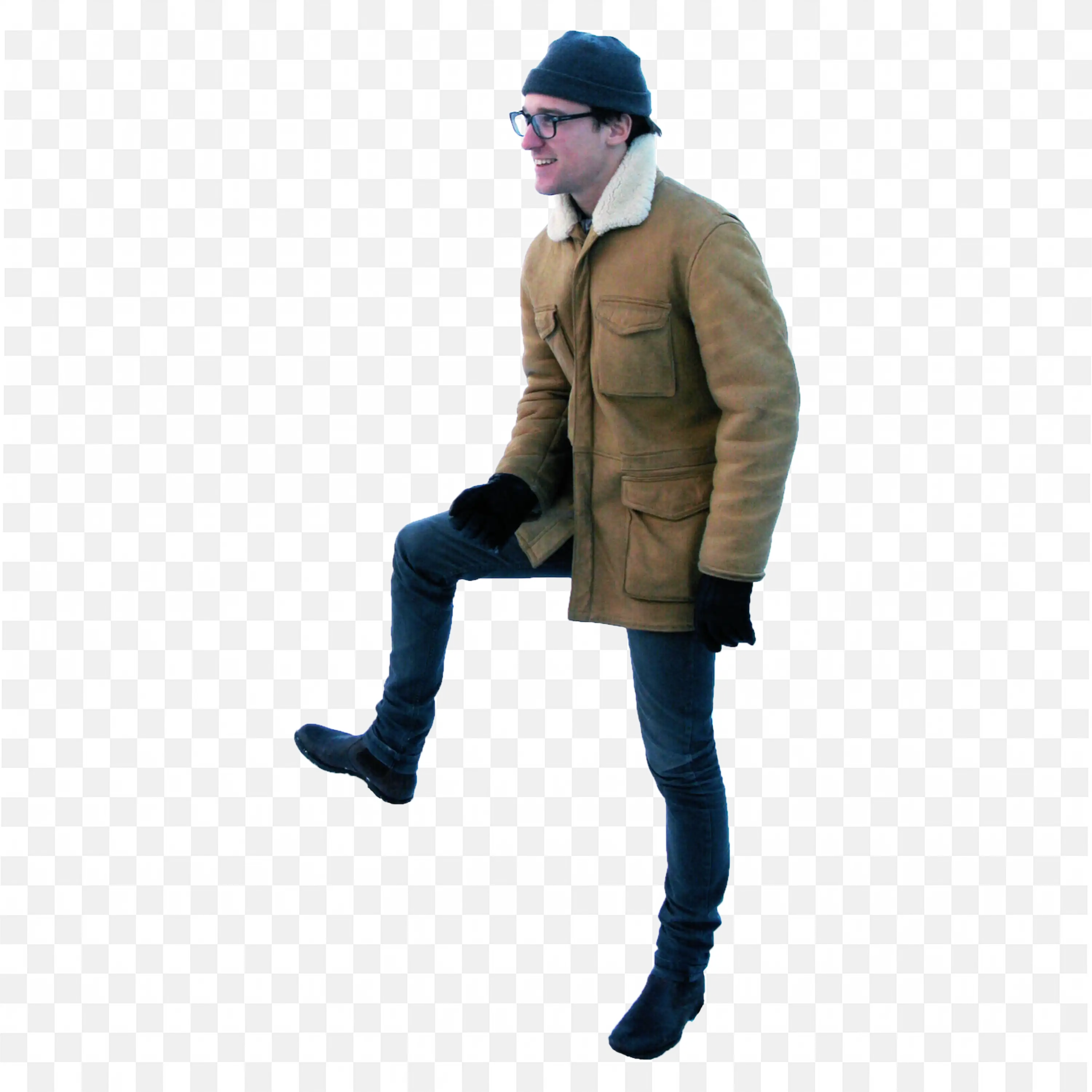 Man with Glasses with a Warm Outfit Taking a Step Png Free