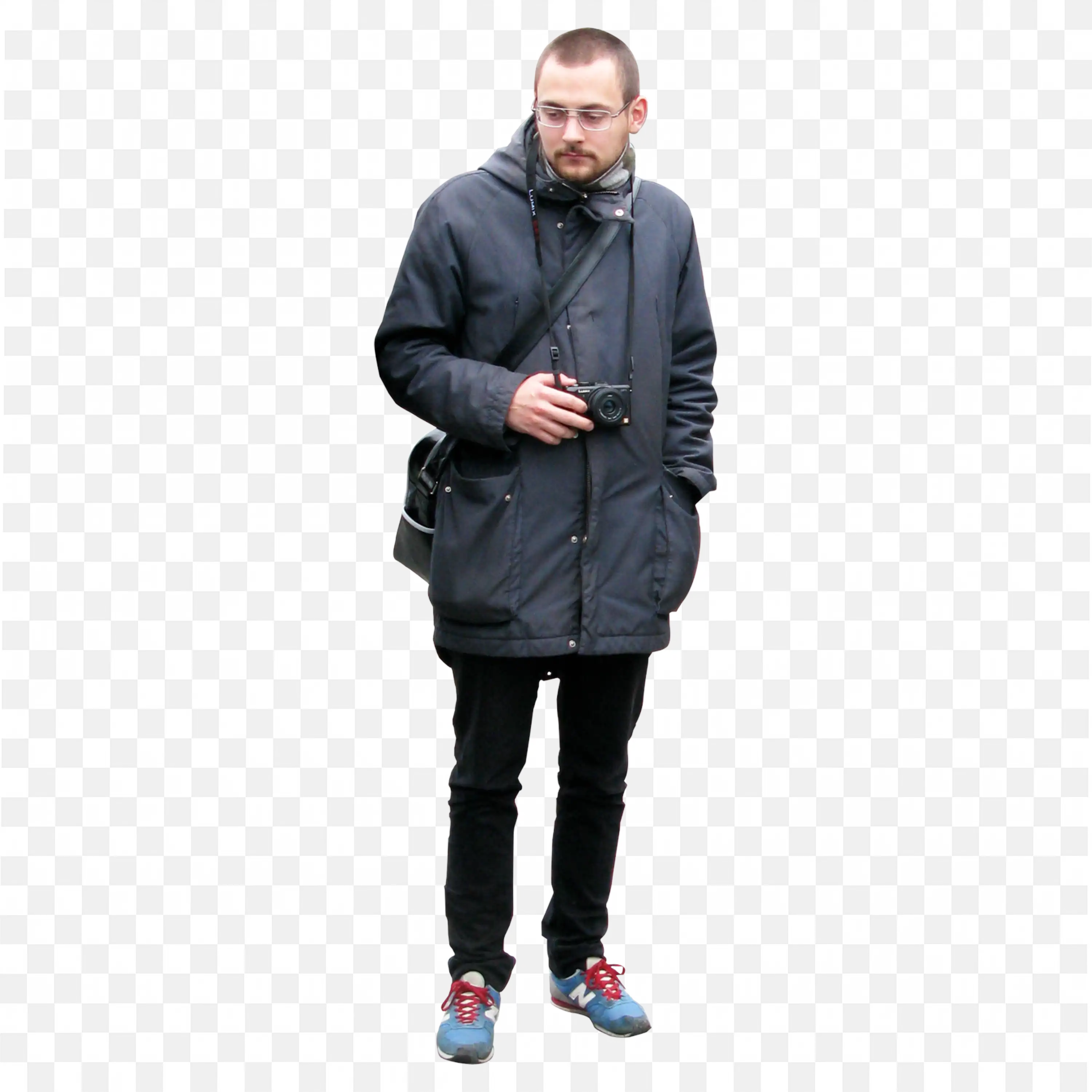 Man in Gray Jacket and Shoes with Camera in Neck Png Free