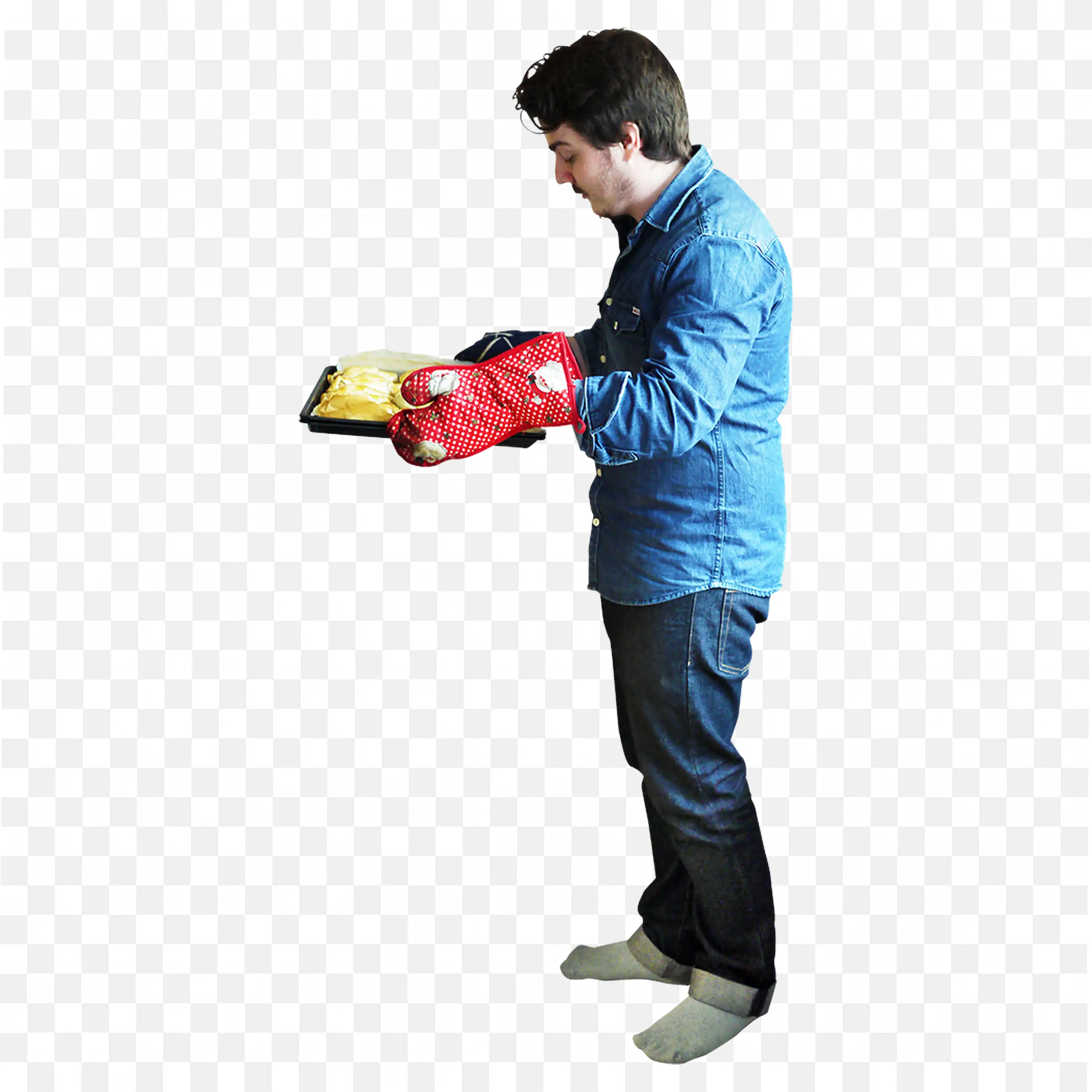 Man in Jean Fabric Outfit Holding Baking Tray with Oven Mitts