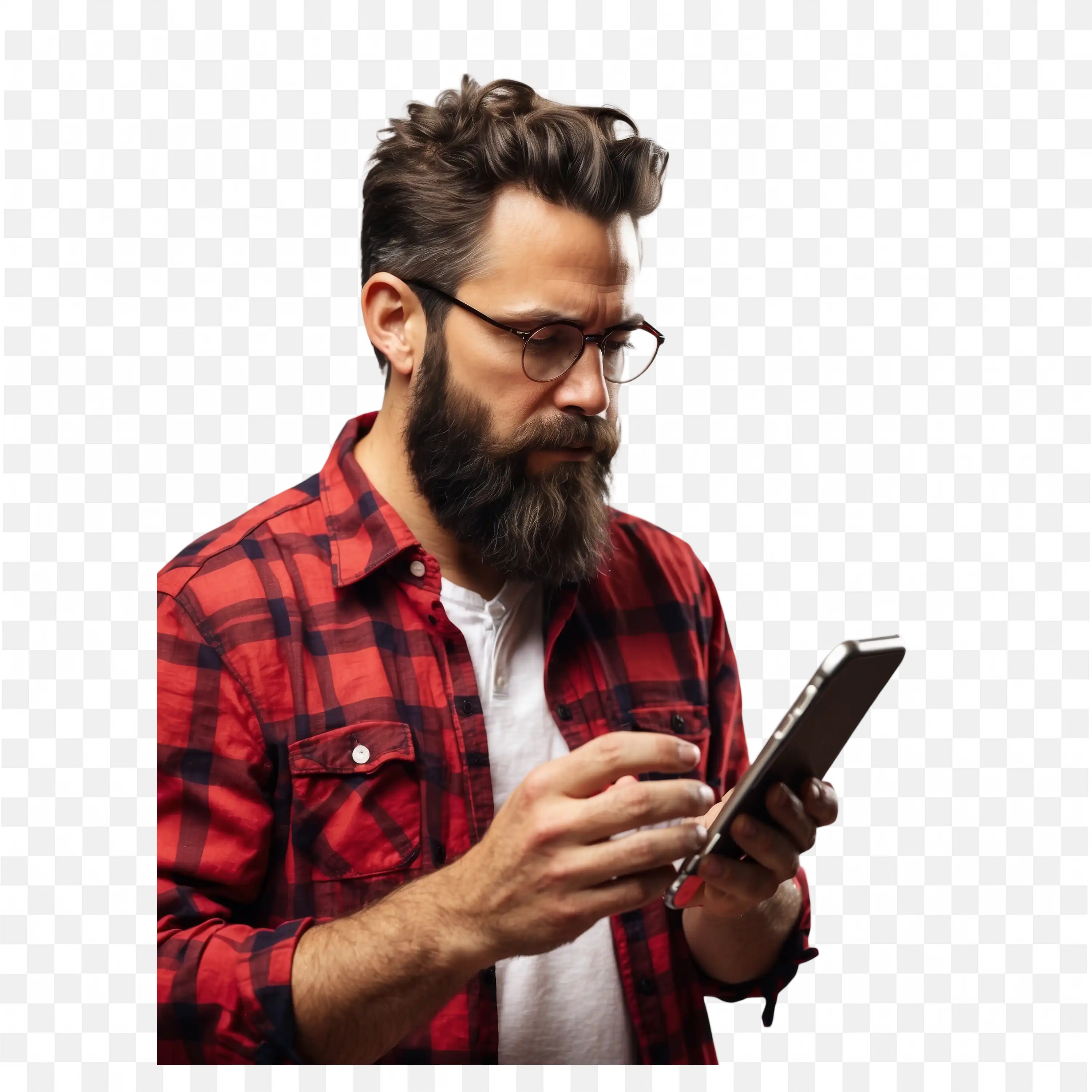Man with Long Beard and Glasses in Red Shirt Using Mobile