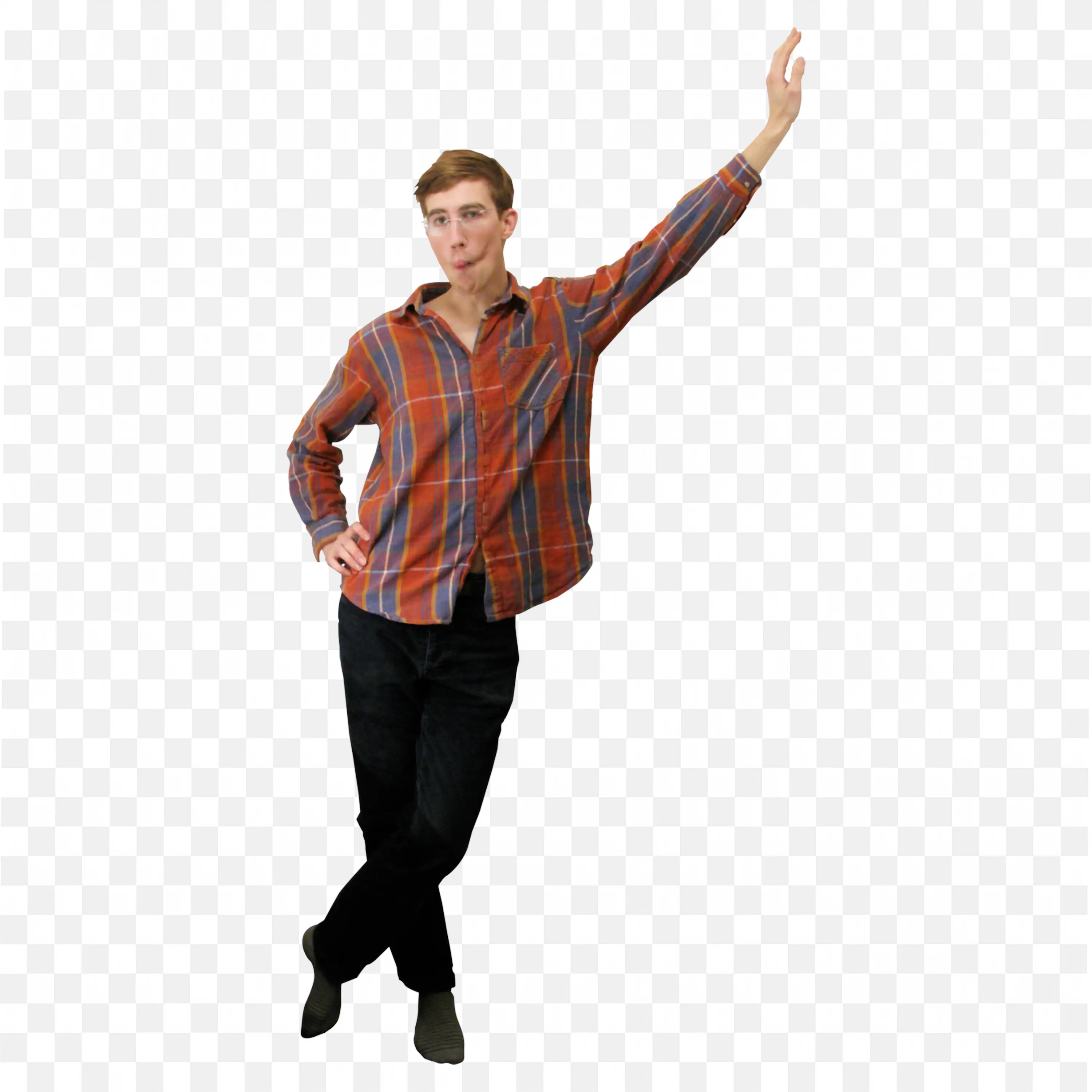 Man with Plaid Shirt and Jeans Laying His Hand on Wall Png