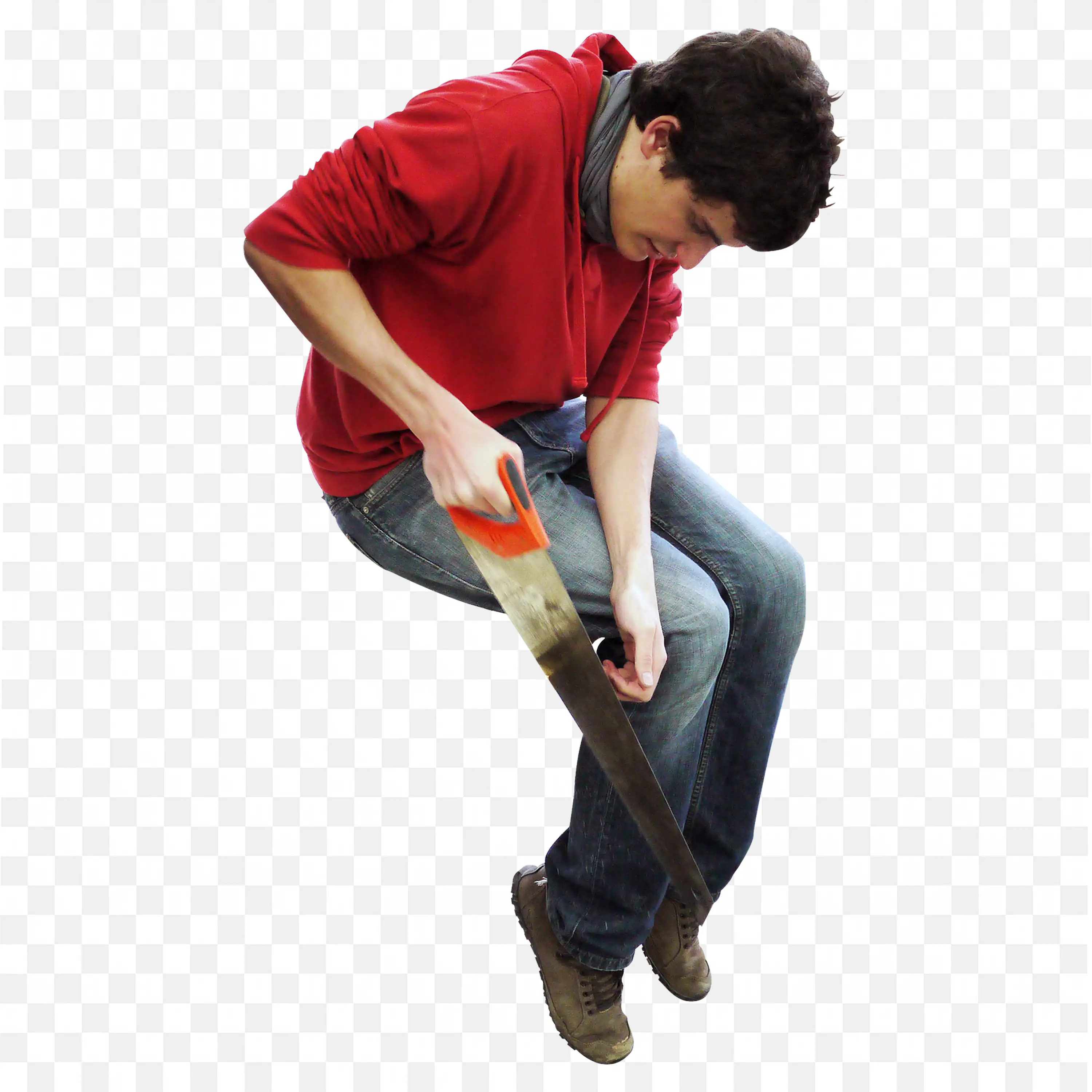 Man in Red Shirt Sawing a Wooden Board on the Floor Png