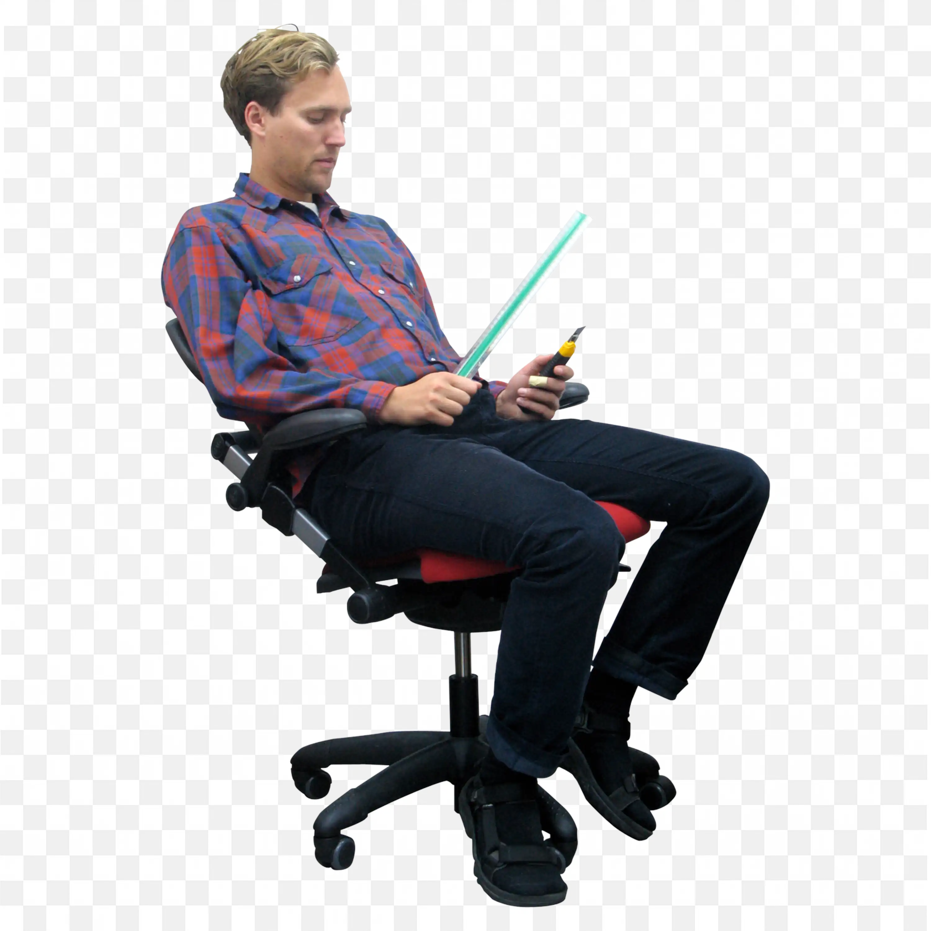 Man Sitting in Office Chair with a Tool and Measuring Scale