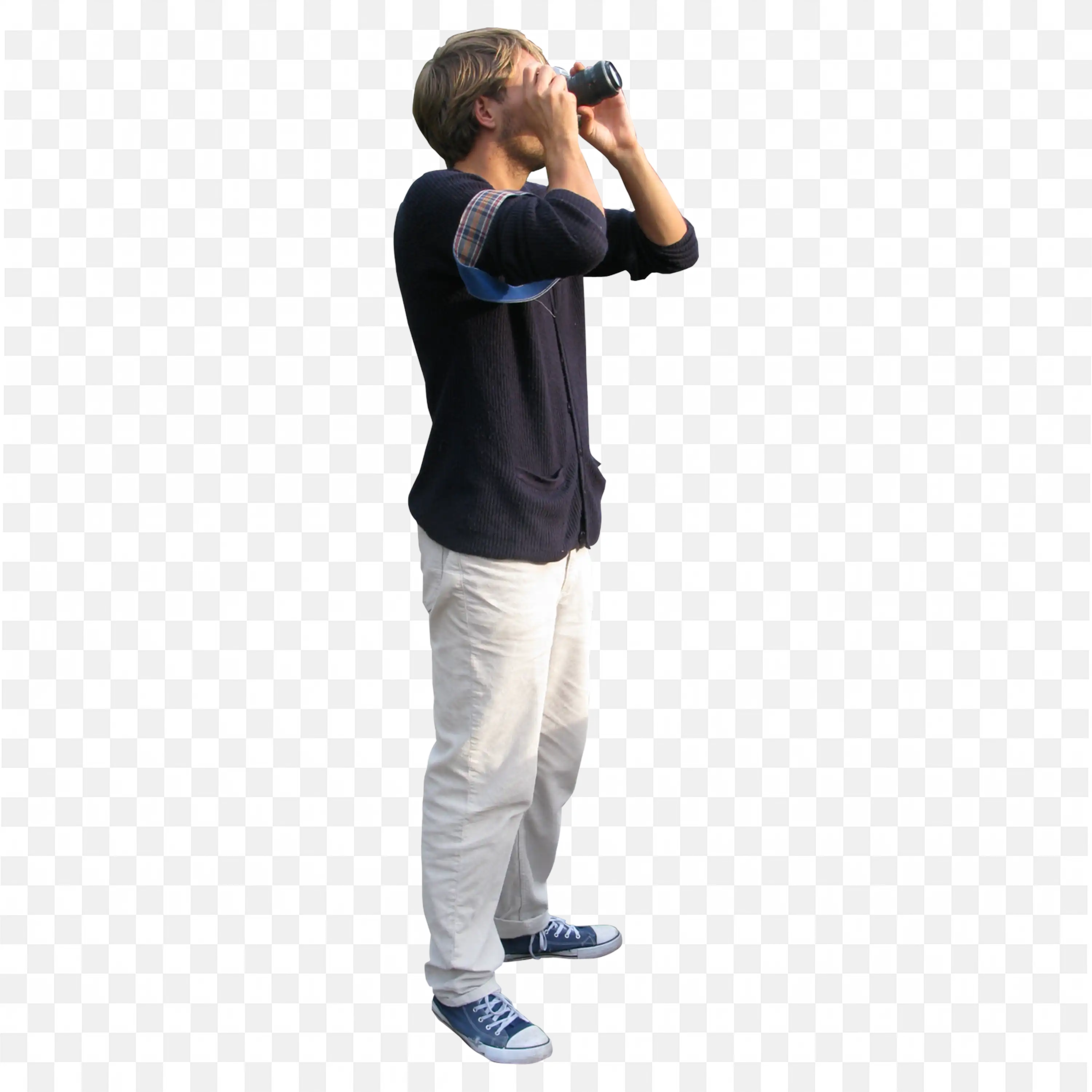 Man Standing and Observing with Binoculars Side View Png