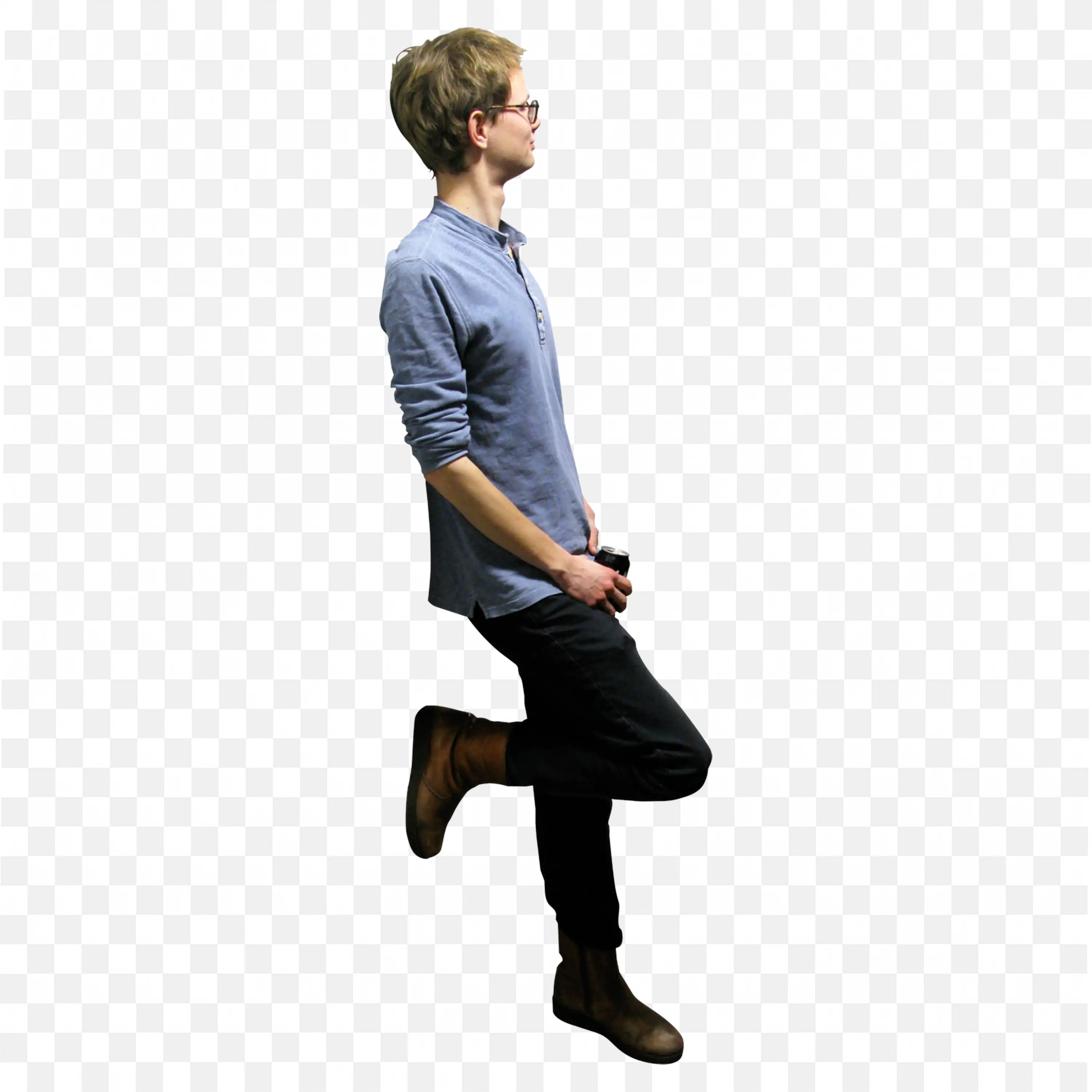 Man Standing on One Leg Wearing Blue Sweater and Boots Png
