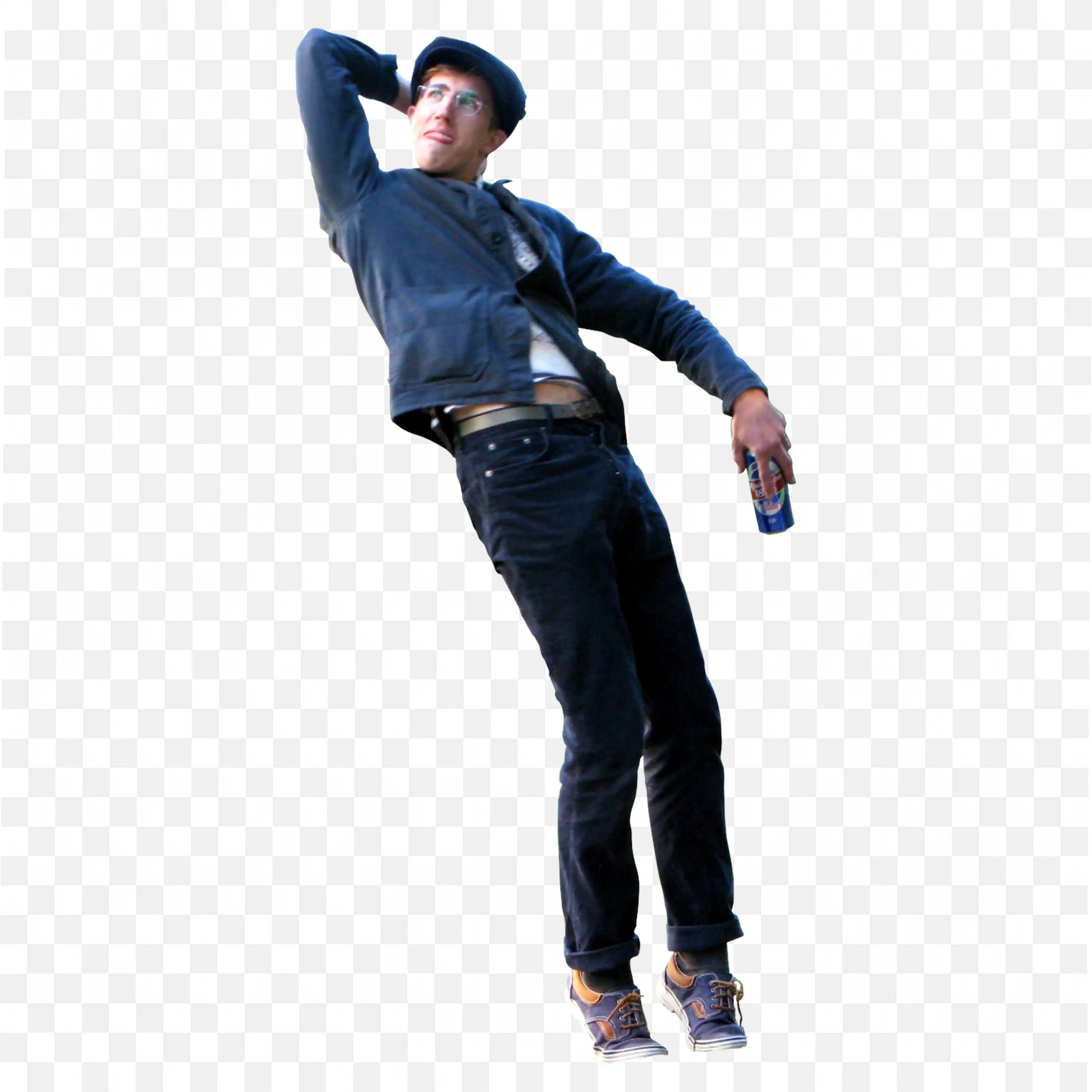 Man Striking a Dramatic Pose with Cool Drink Can Png Free