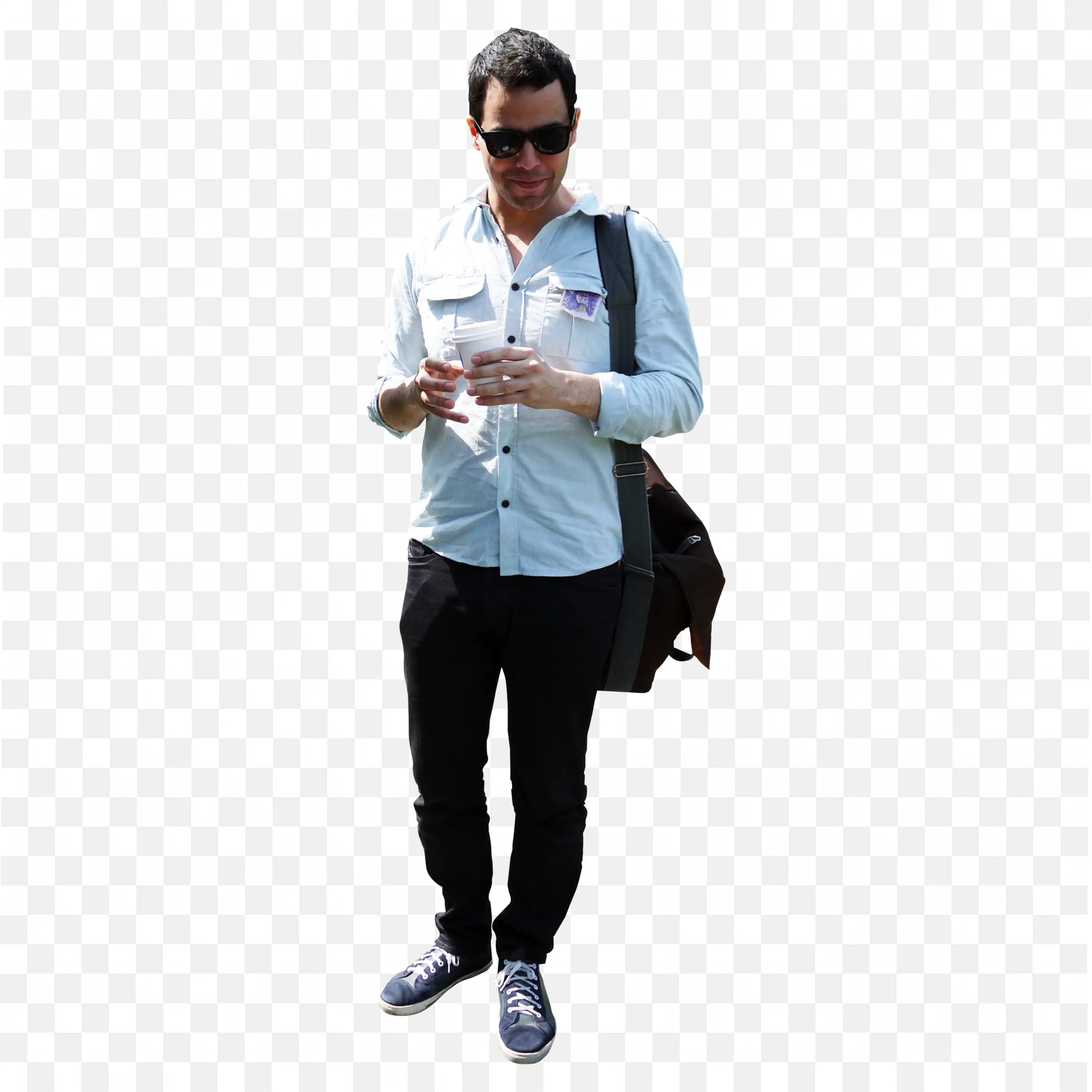Man Wearing Sunglasses Holding Coffee and Bag Free Png