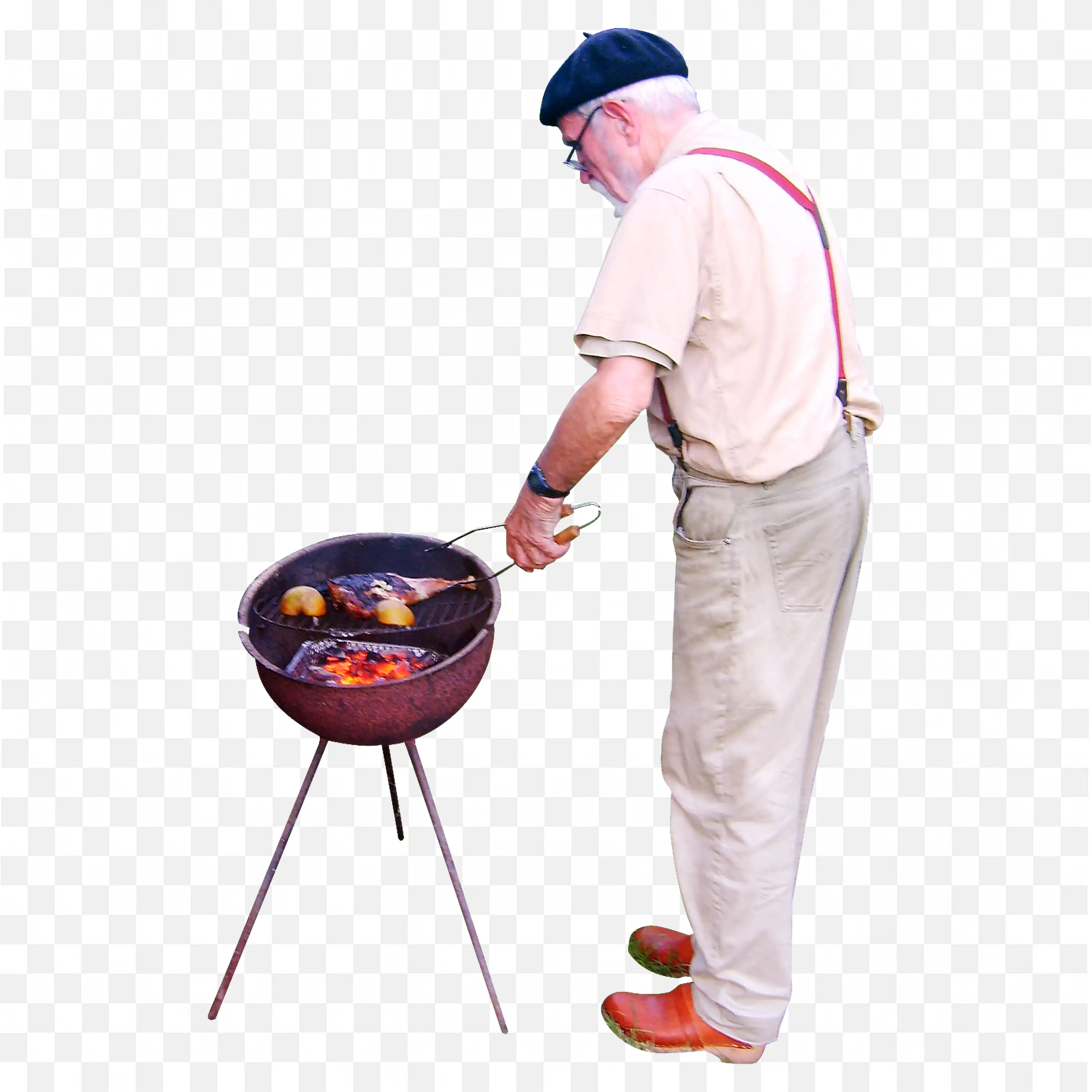 Man in White Beard Grilling Food in Dress Straps and Hat