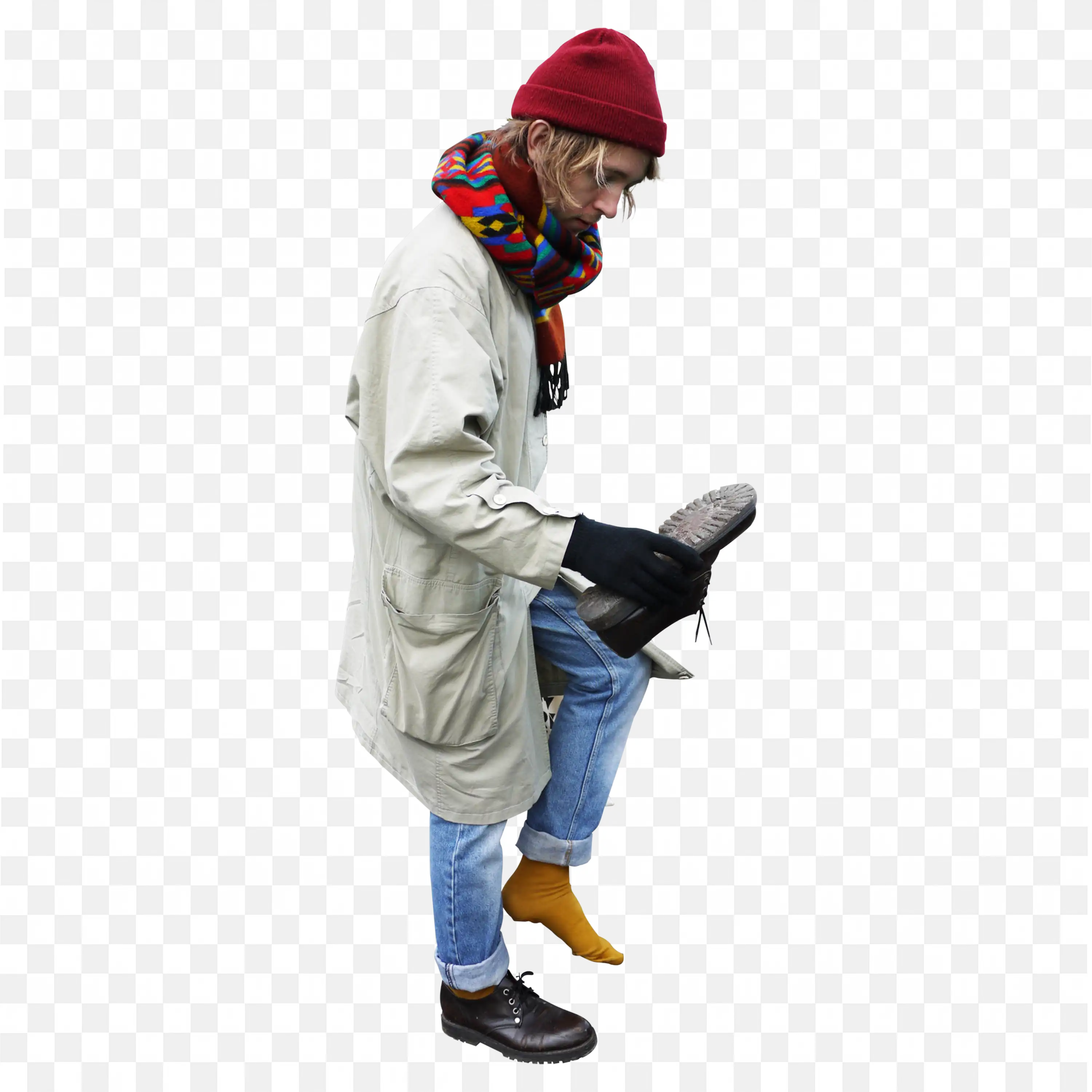 Man in Winter Hat and Scarf Adjusting Shoe Free Png Download