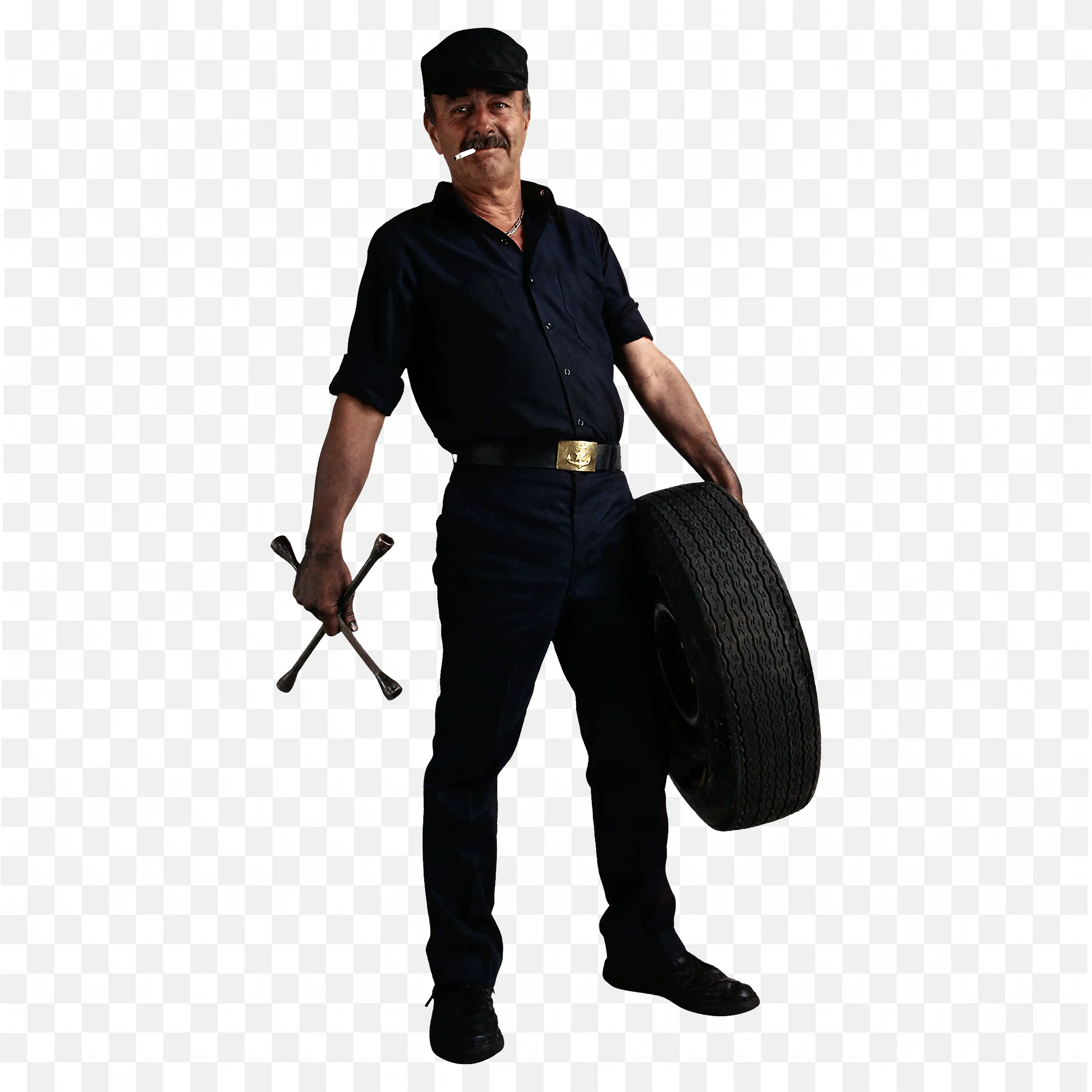 Mechanic Catching a Tire and Tools Ready to Fix the Vehicle