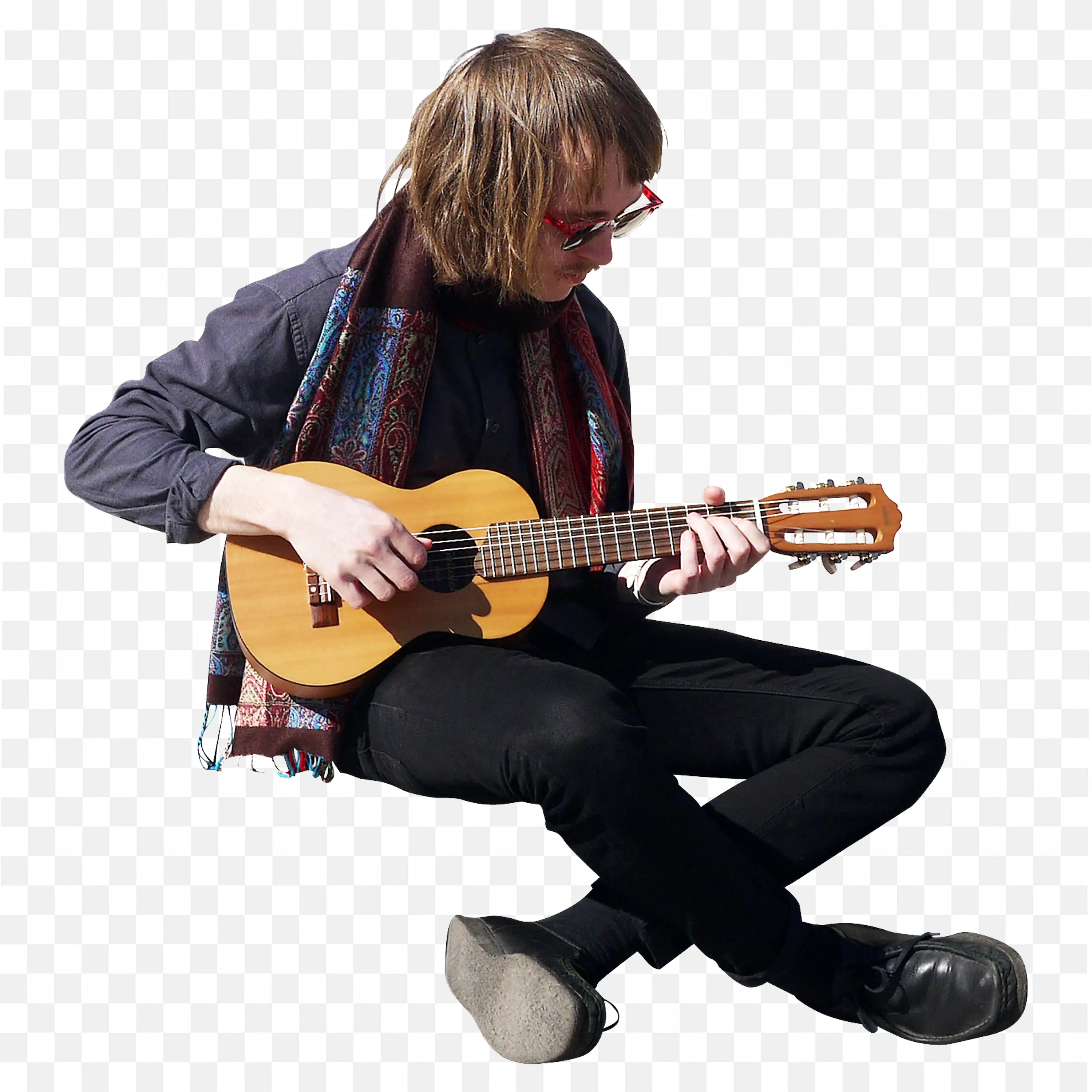 Musician Playing Guitar in Sitting Cross Legged Png Free
