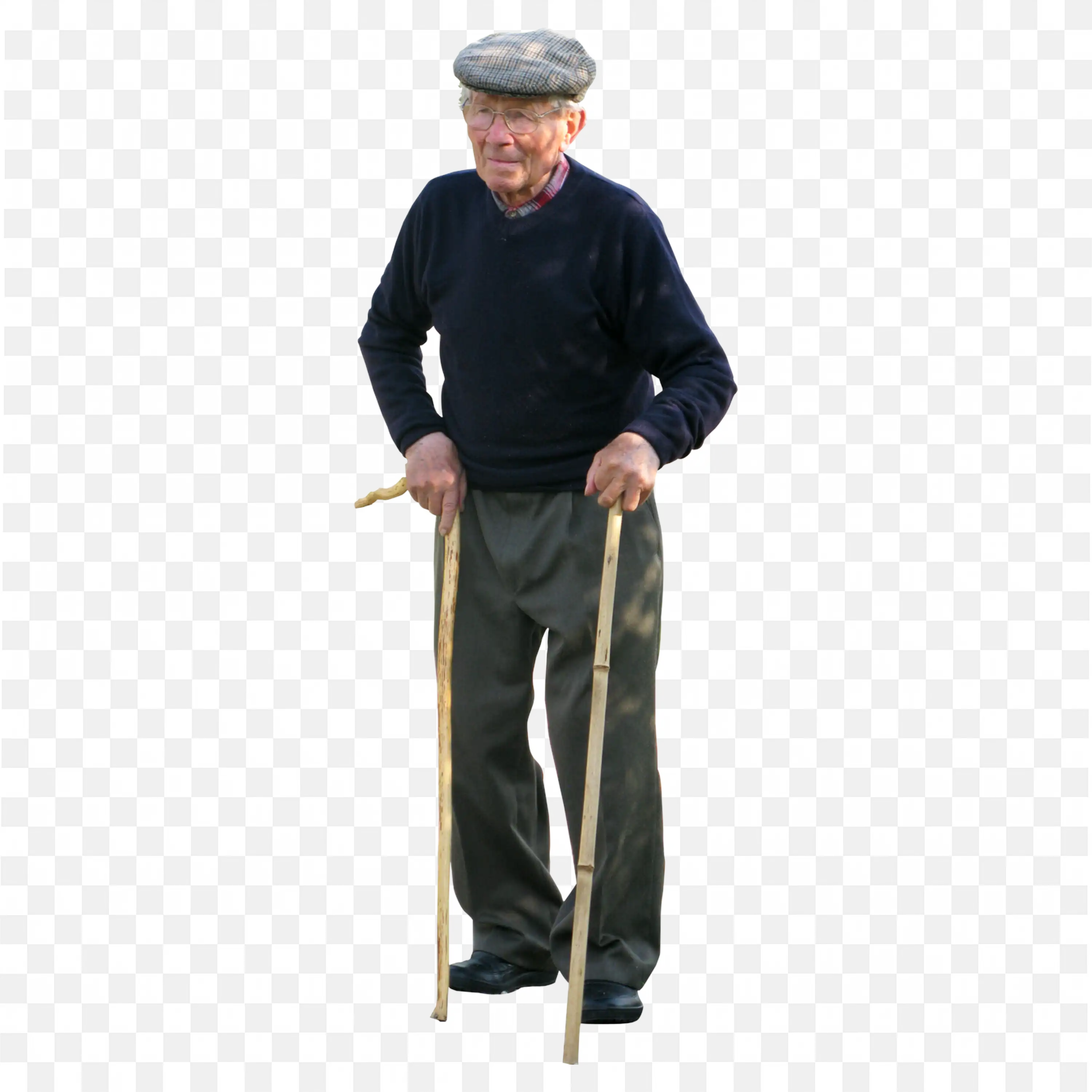 Older Man with Walking Sticks Wearing Flat Cap and Sweater