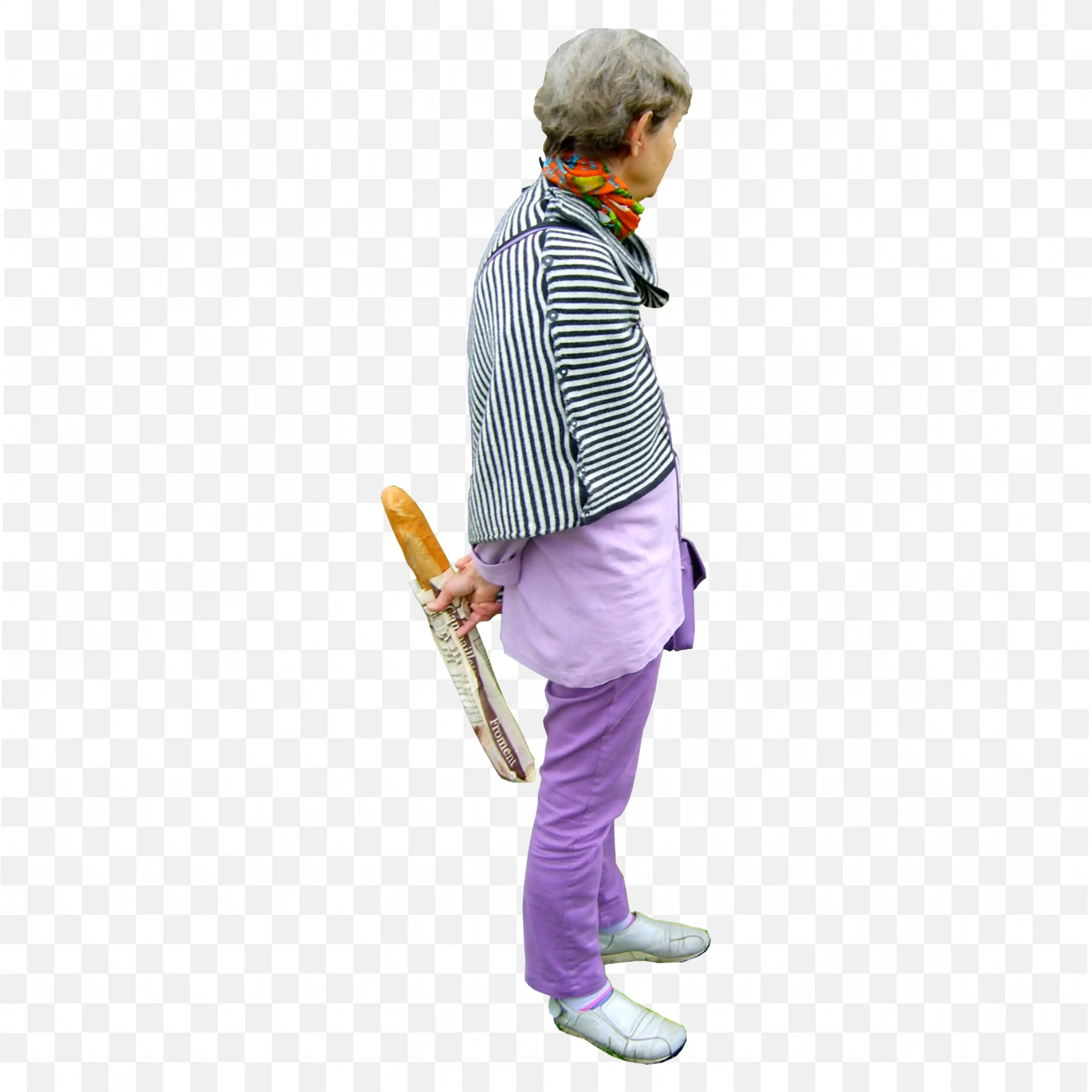 Older Woman in Purple Holding French Bread Png Foe Free