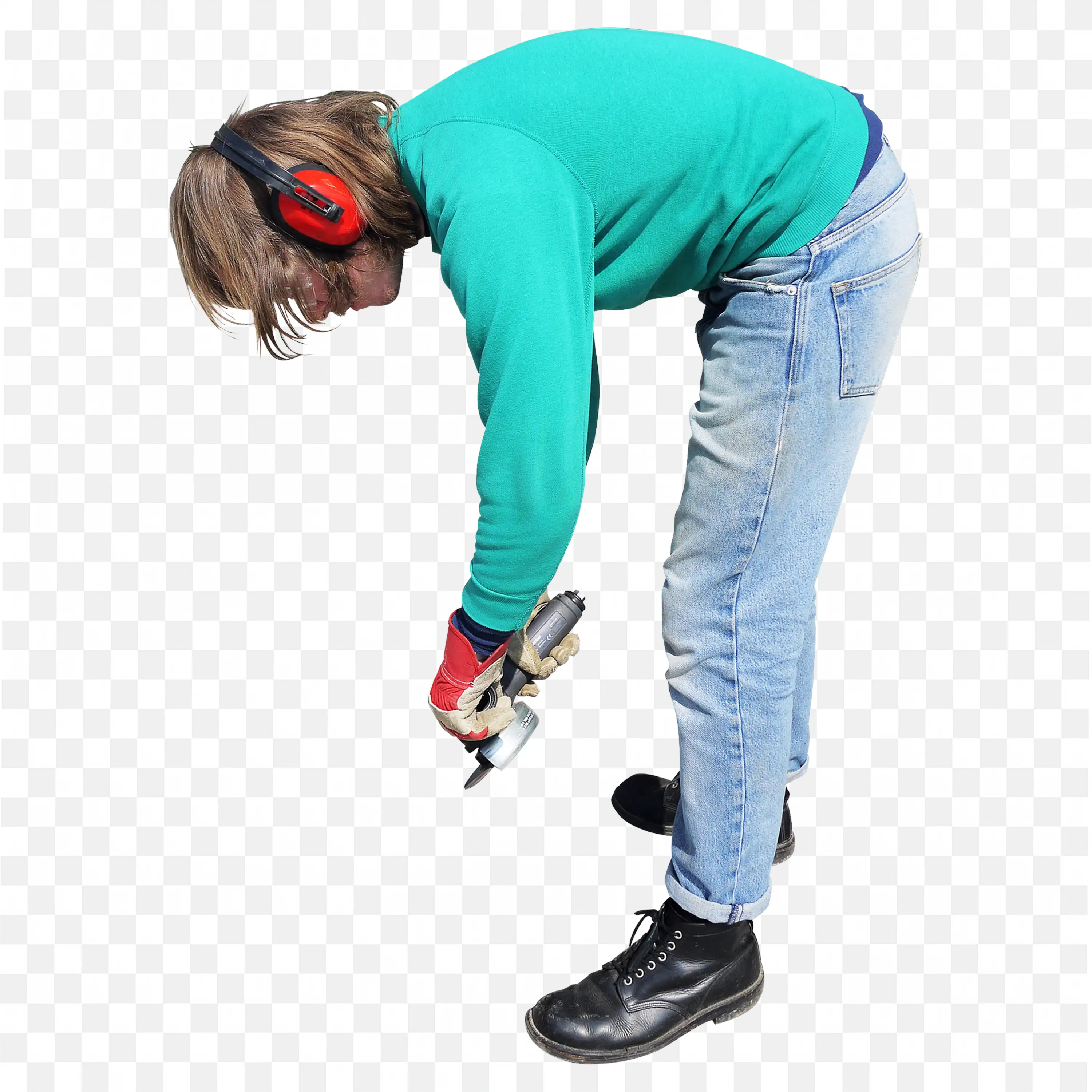 Person with Ear Protection Covers Using Power Drill Png