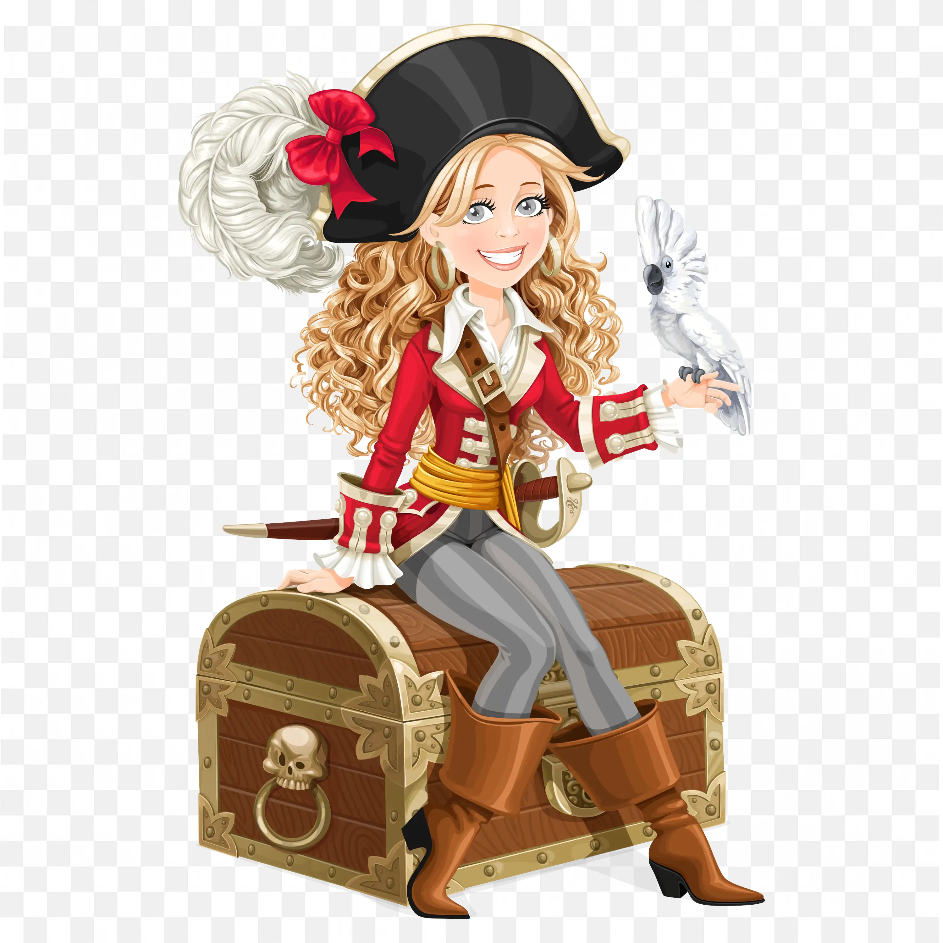 Pirate Girl Sitting on a Treasure Box with a Cute Parrot