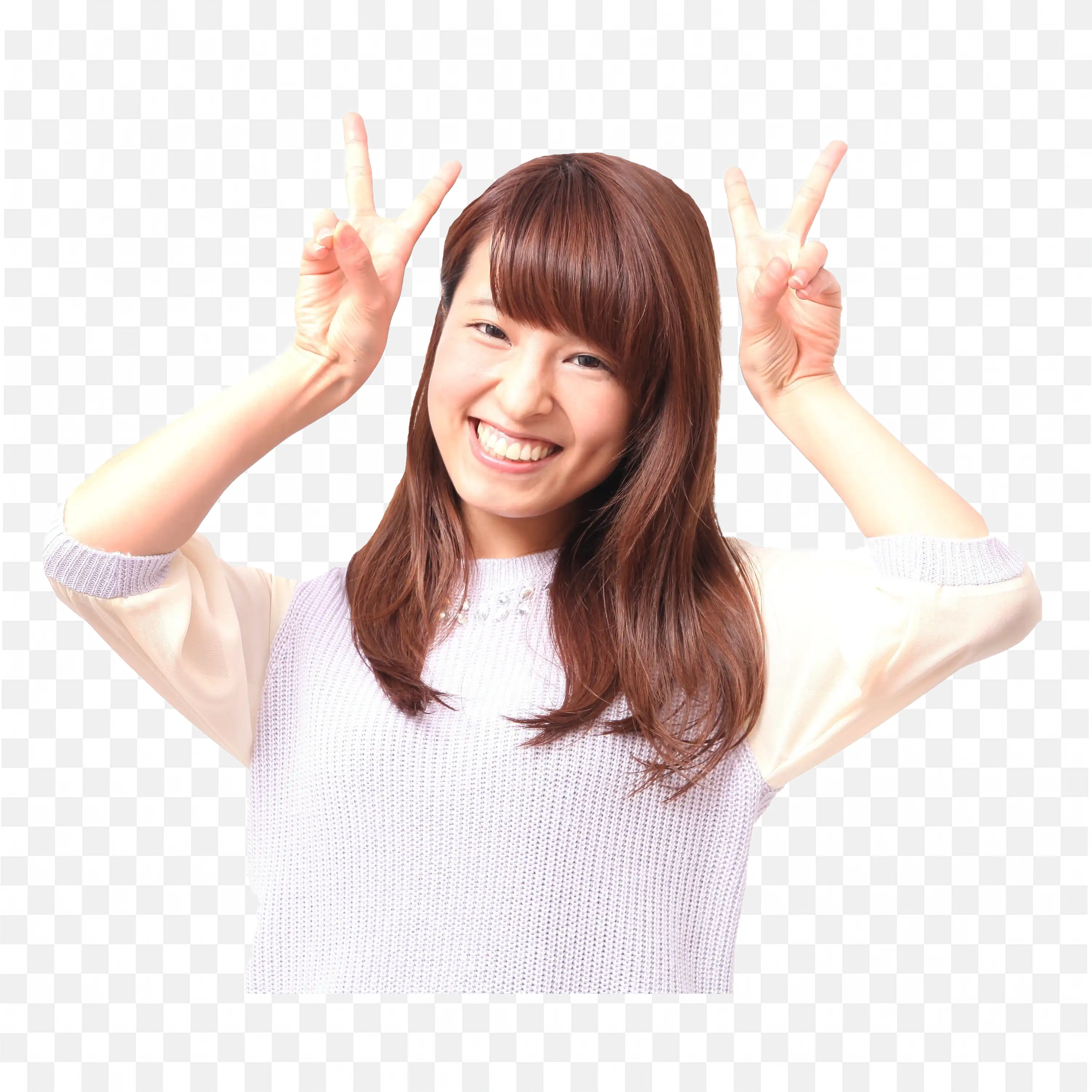 Playful Woman Showing Double Peace Signs Near to Her Head