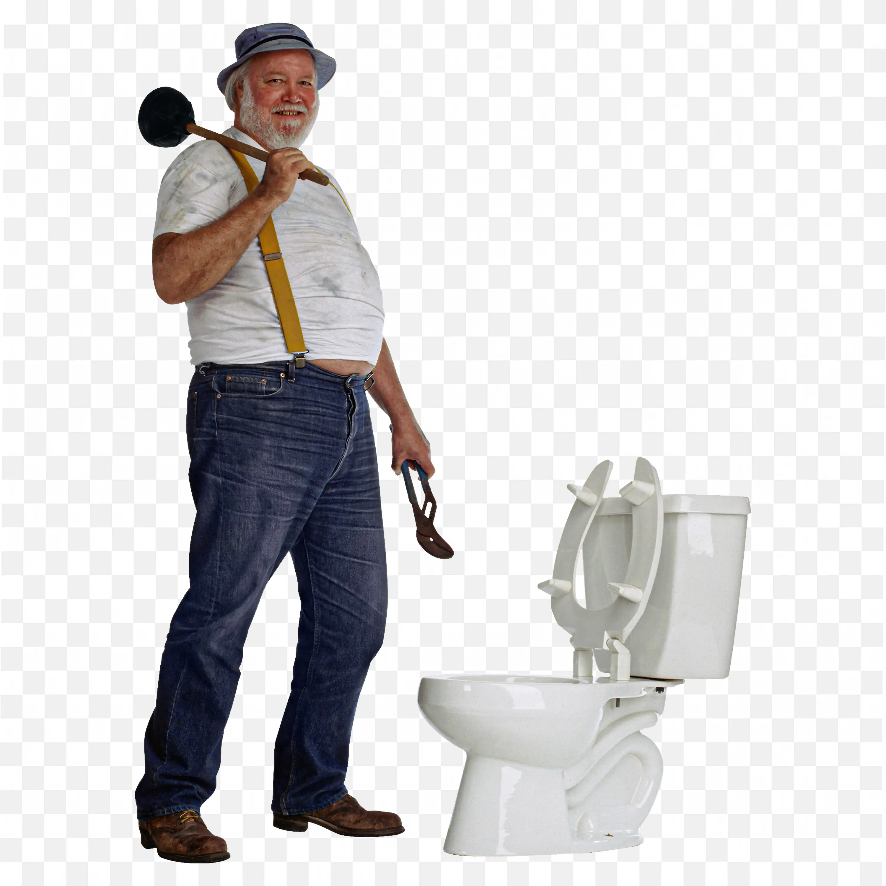 Plumber Holding Spanner Standing Next to a Toilet Png Image