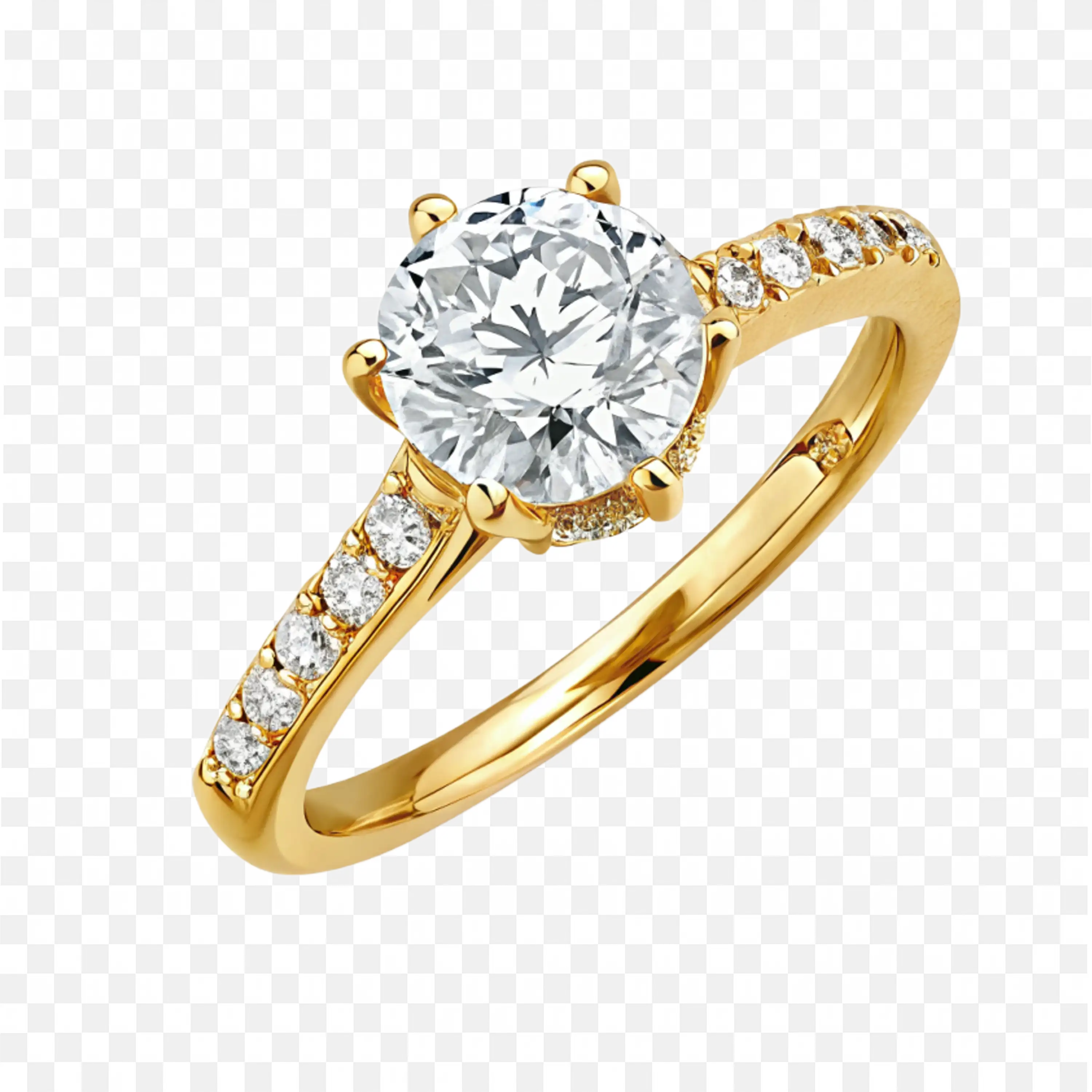 Polished Gold Ring with Center Diamond and Side Stones