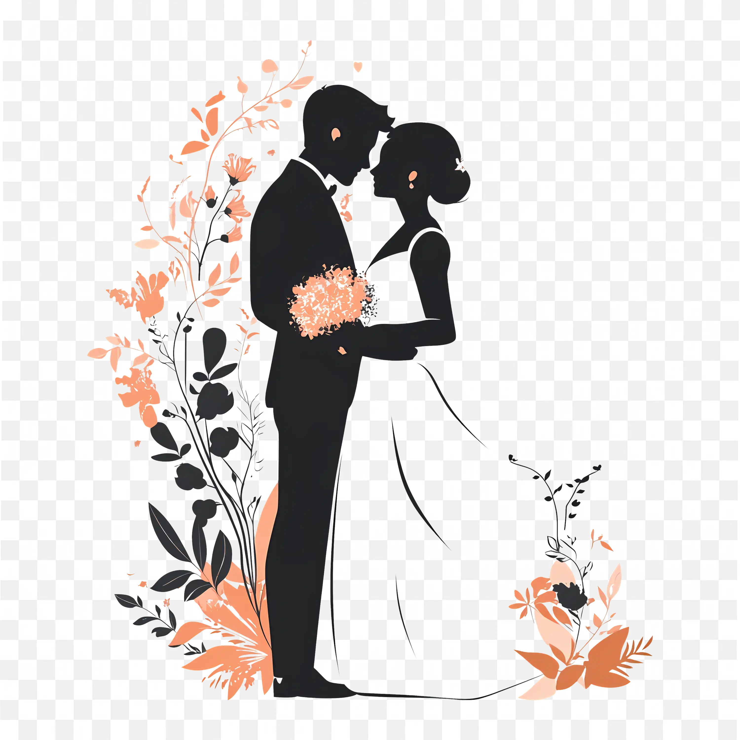Romantic Wedding Couple Shadow Figure with Floral Background