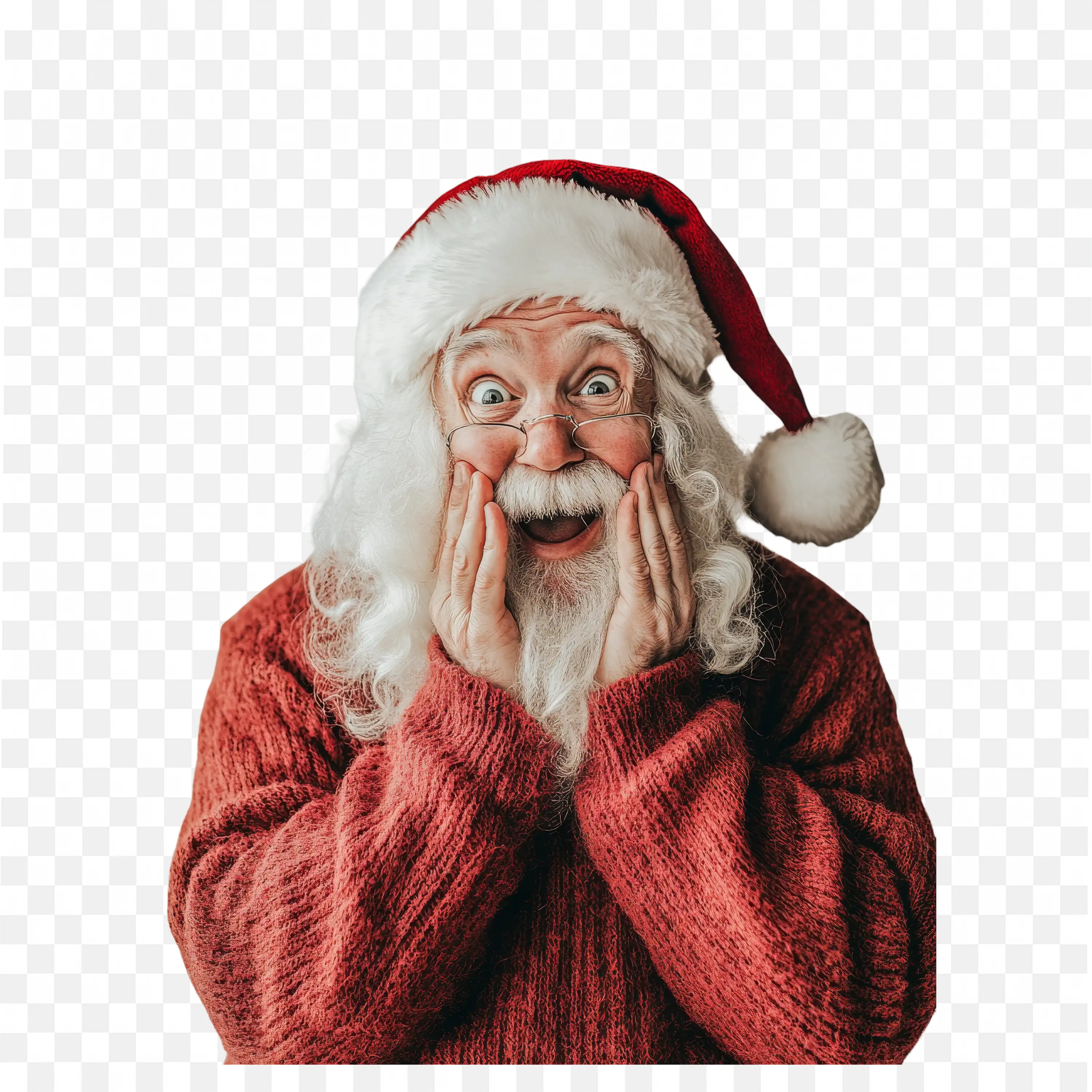 Santa Claus with His Hands on Cheeks Smiling in Surprise