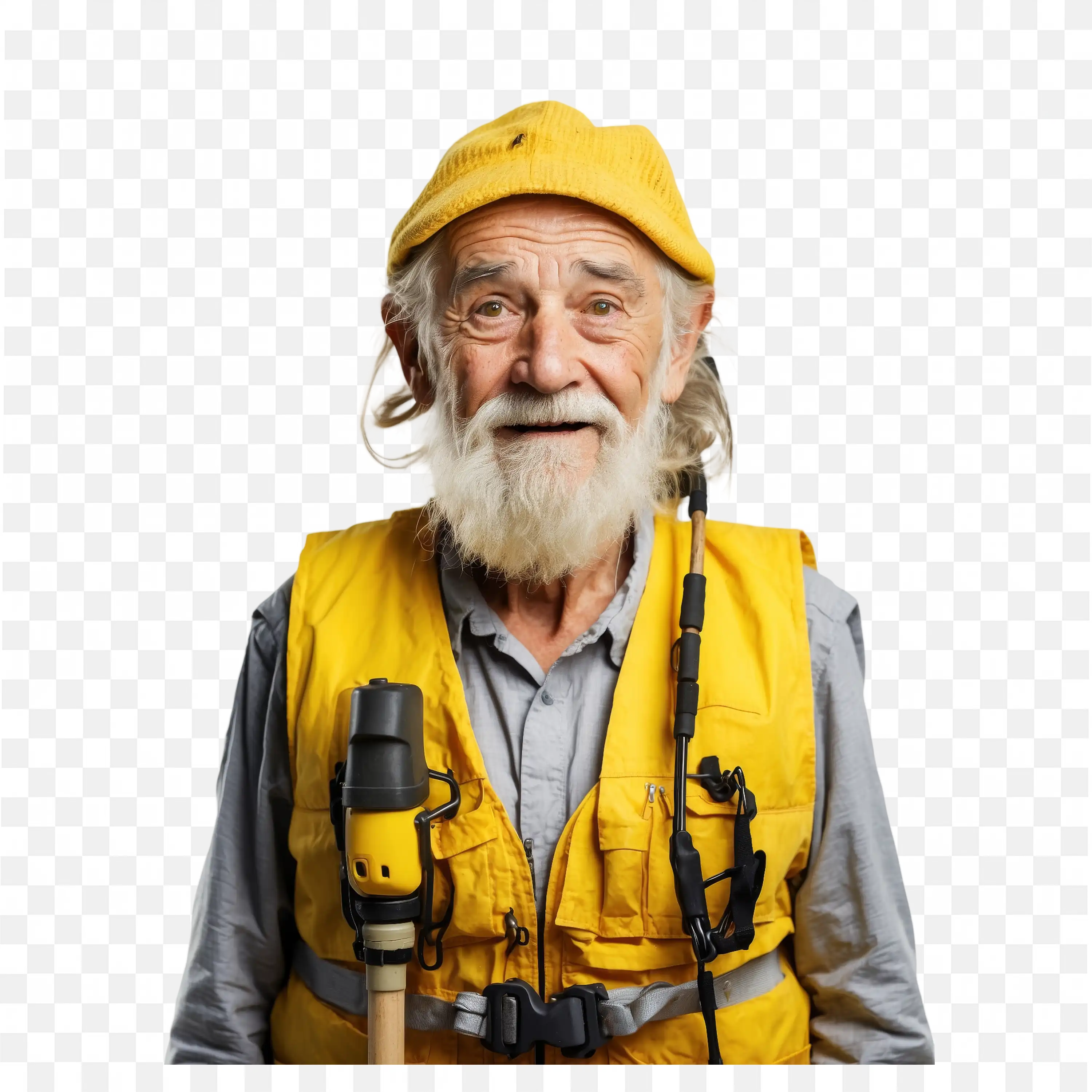 Senior Fisherman Wearing Yellow Vest Posing Happily Png