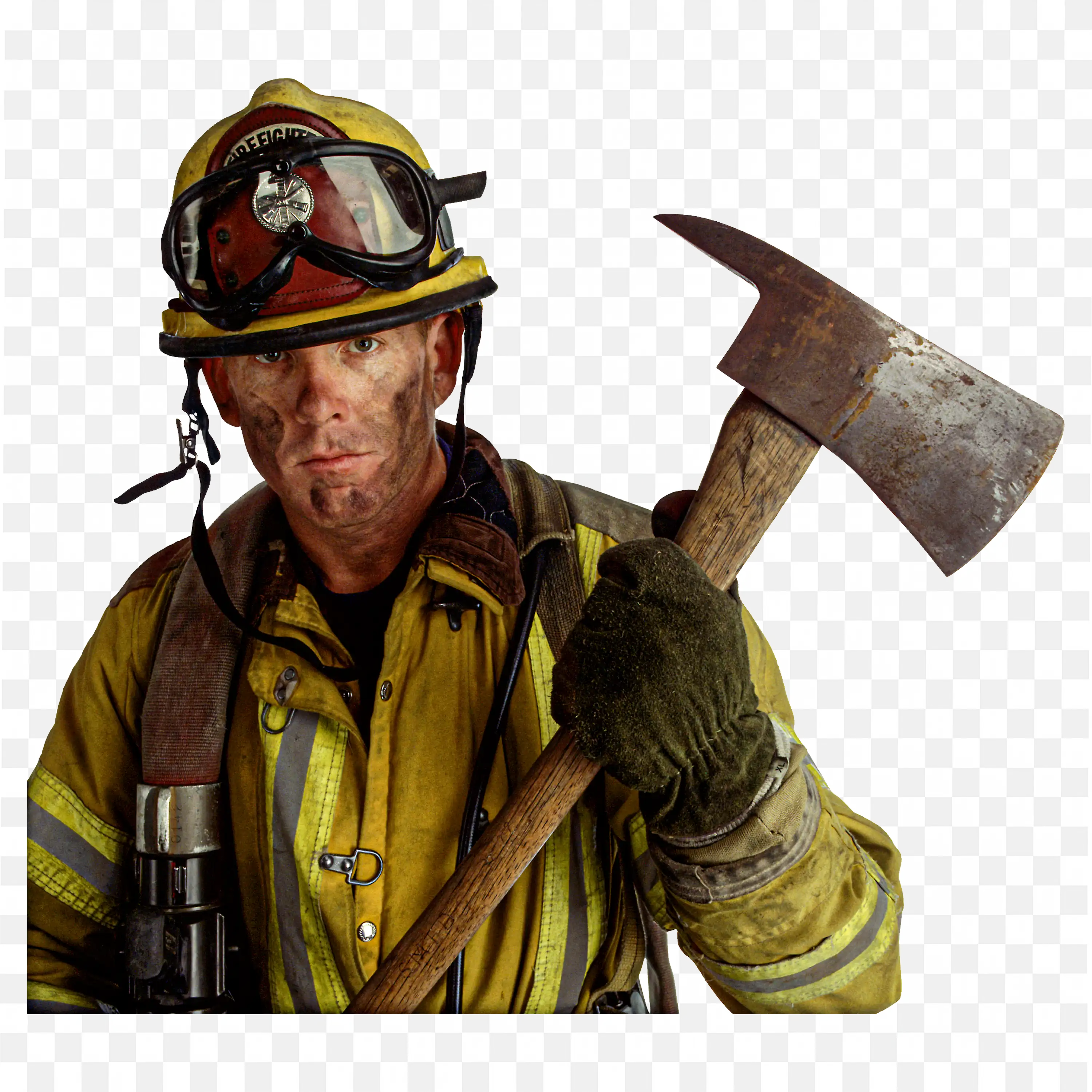 Download the Serious Firefighter Holding Axe Free Png Image