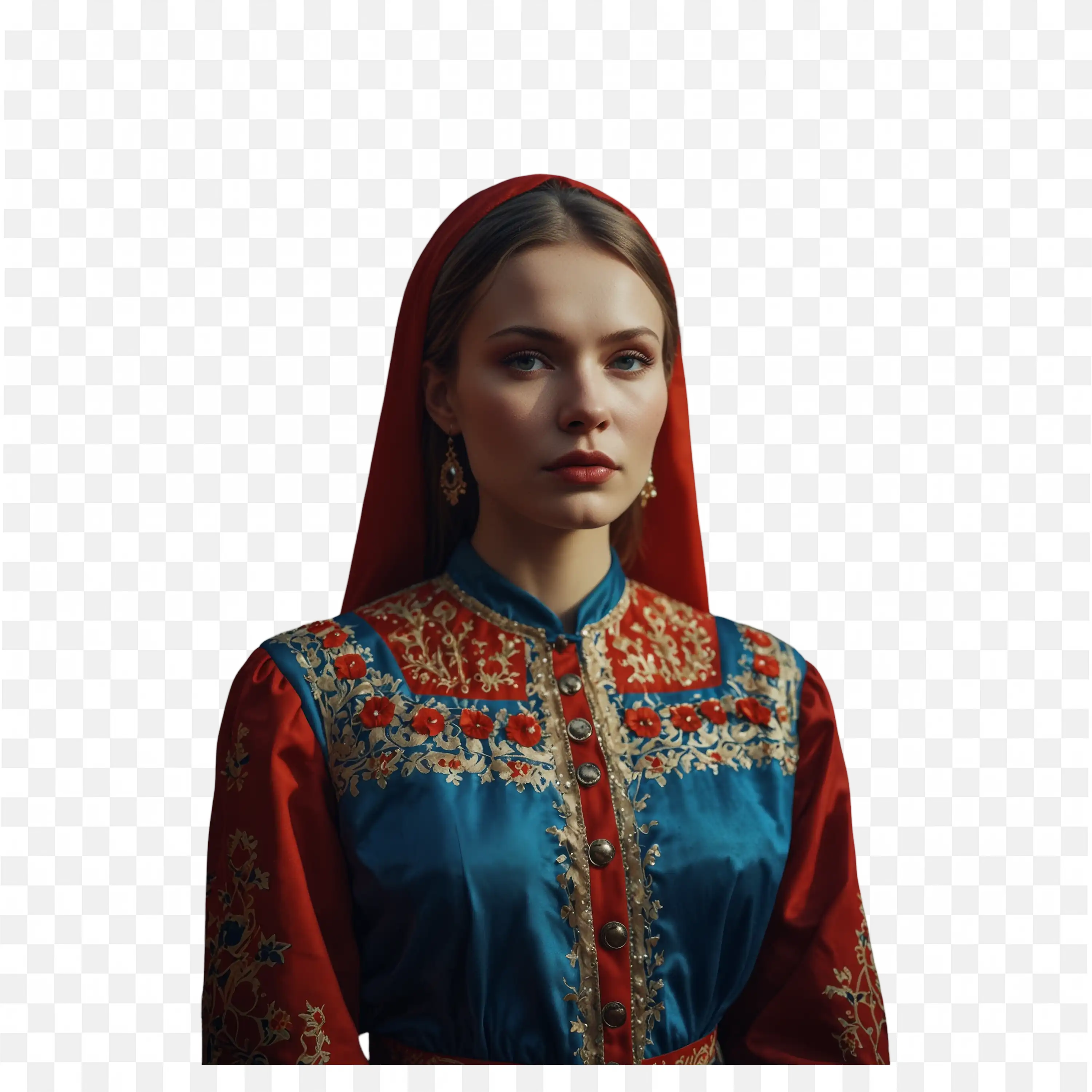 Serious Woman in Red and Blue Traditional Wear Png Free